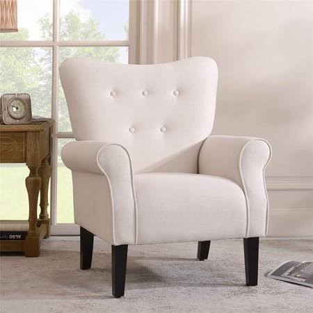 Accent Chair, Wing Back Accent Armchair, Roll Arm Modern Club Chair with Wooden Legs for Living Room Bedroom, Cream Corner Chair