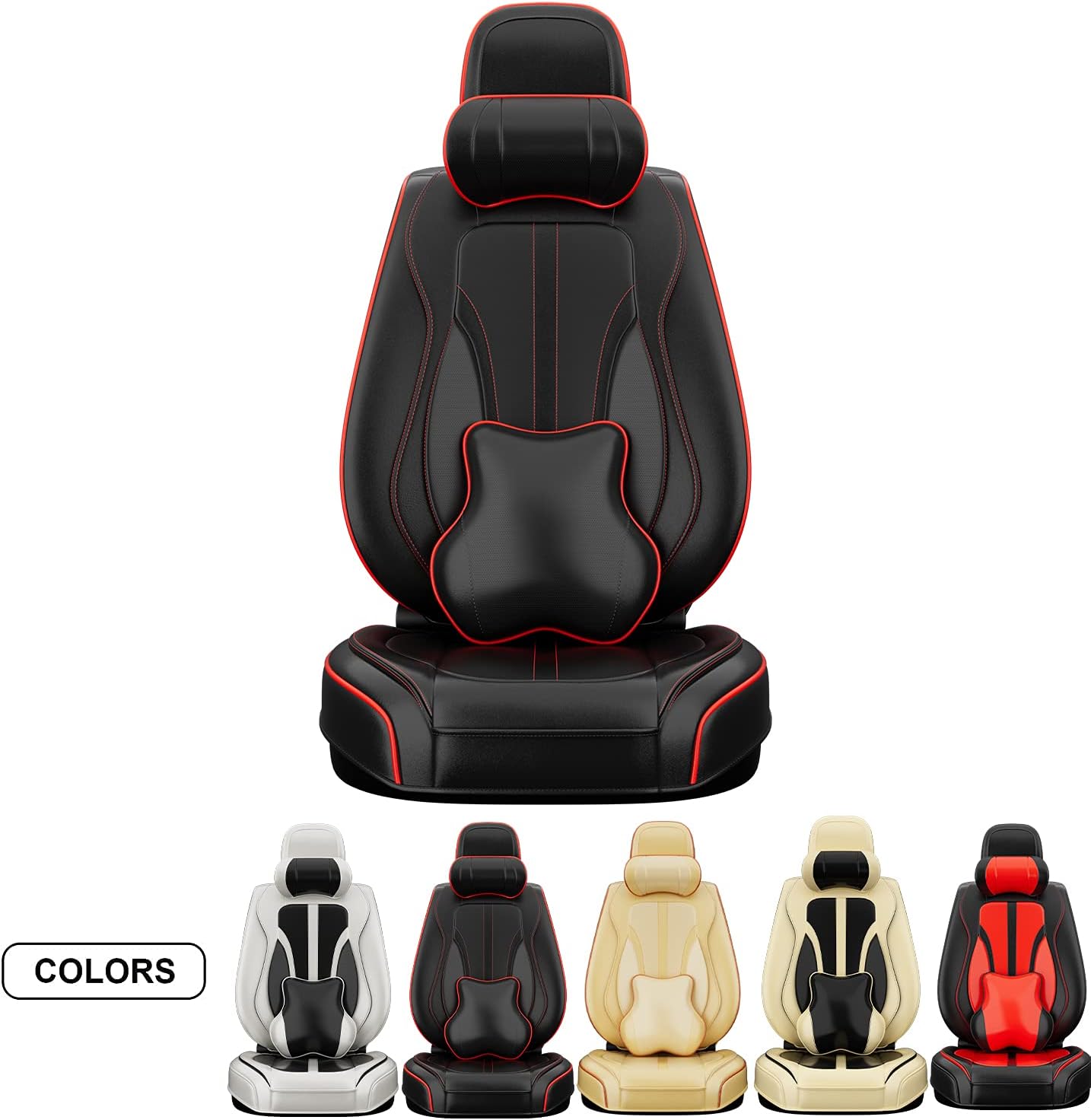 ASLONG 5PCS H7 Front and Back Car Seat Covers Auto Interior Accessories with Water Proof Nappa Leather for Cars SUV Pick-up Truck Universal Comfortable and Breathable (Full Set, Black&Red line)