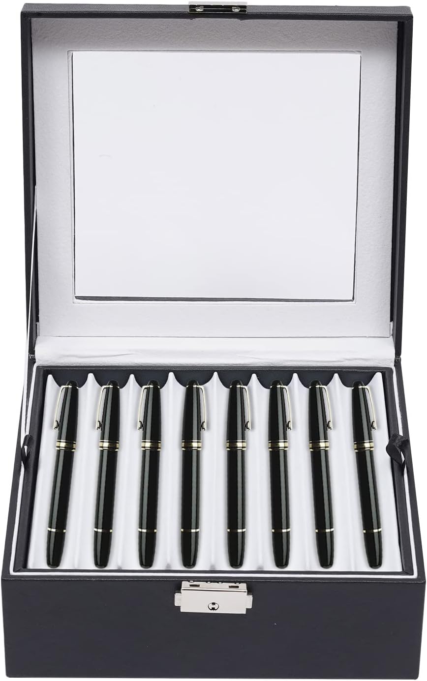 LOYALHEARTDY 16 Slots Leather Pen Display Box Pen Collector Case with Transparent Window Pack of 2