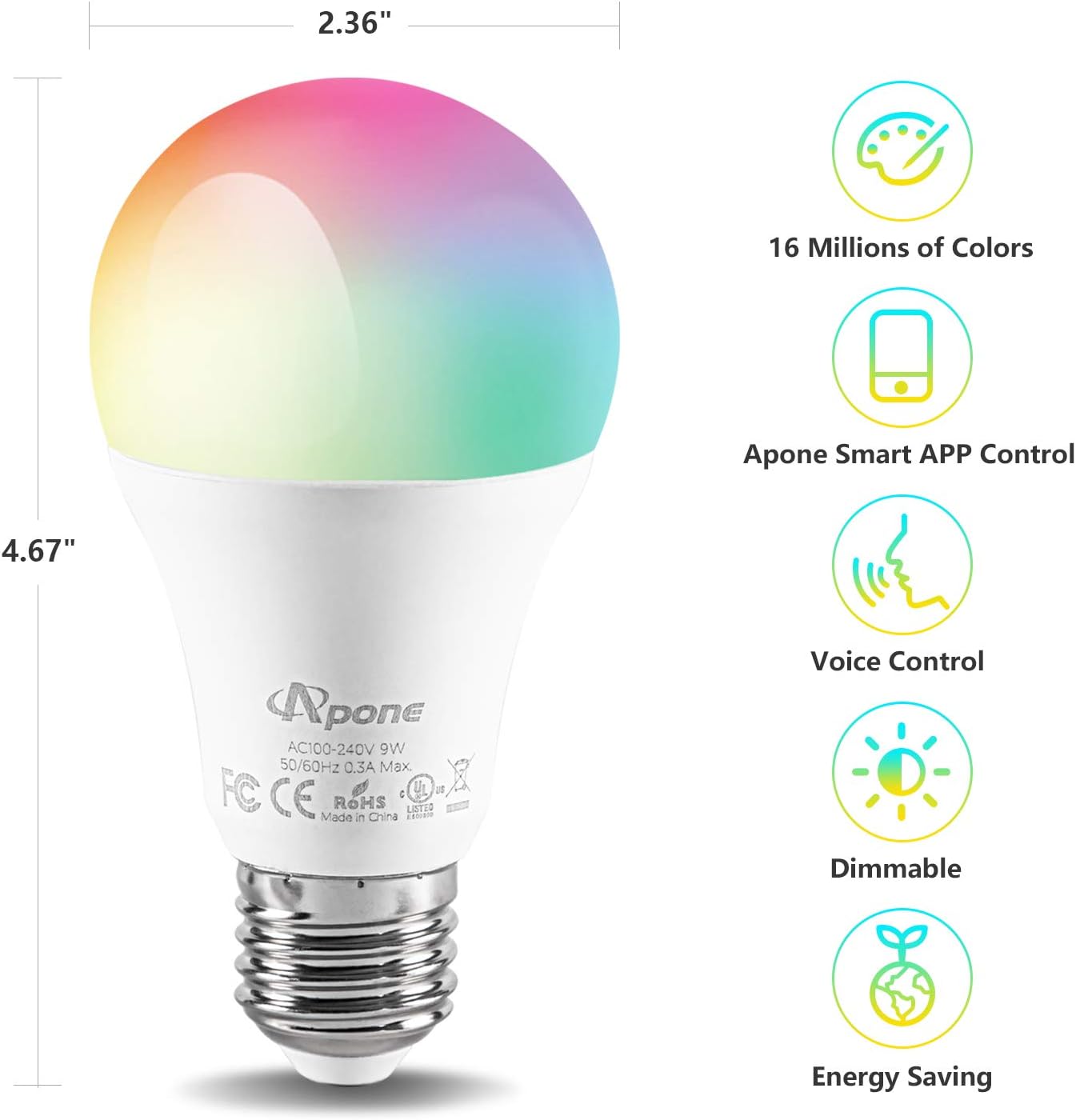 Smart Light Bulbs, APONE Color Changing Light Bulb Smart Bulbs That Work with Alexa & Google Multicolor LED Light Bulb RGB Bulb for Home Decor/Bedroom/Stage/Party(4 Pack) Pack of 2