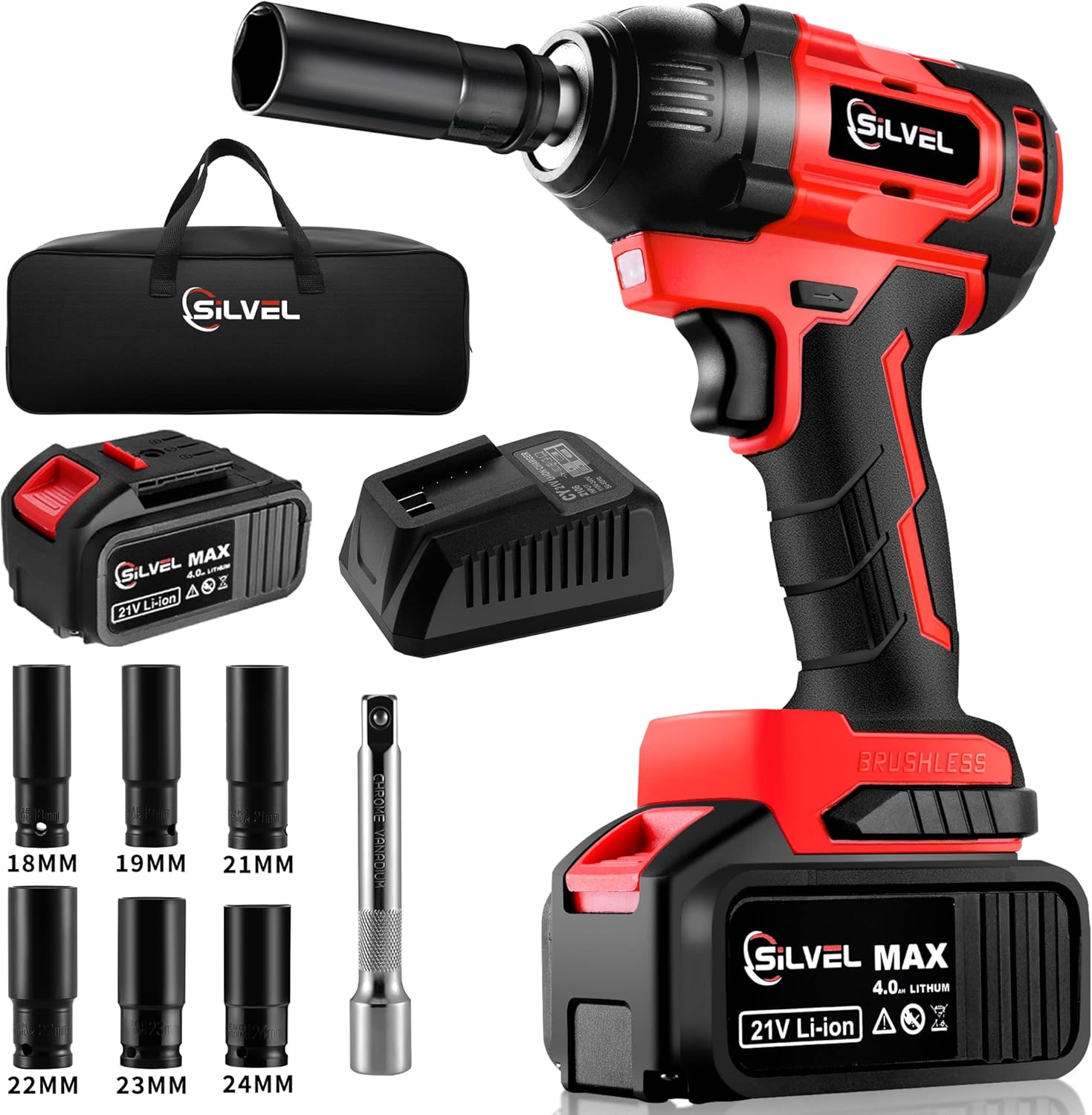 SILVEL 21V Cordless Impact Wrench 1/2 inch, 370 Ft-lbs Max Torque Brushless High Torque impact wrench, 4.0Ah Li-ion Battery, Fast Charger, 6 Sockets, Extension Bars, Power Impact Wrenches for Car Home