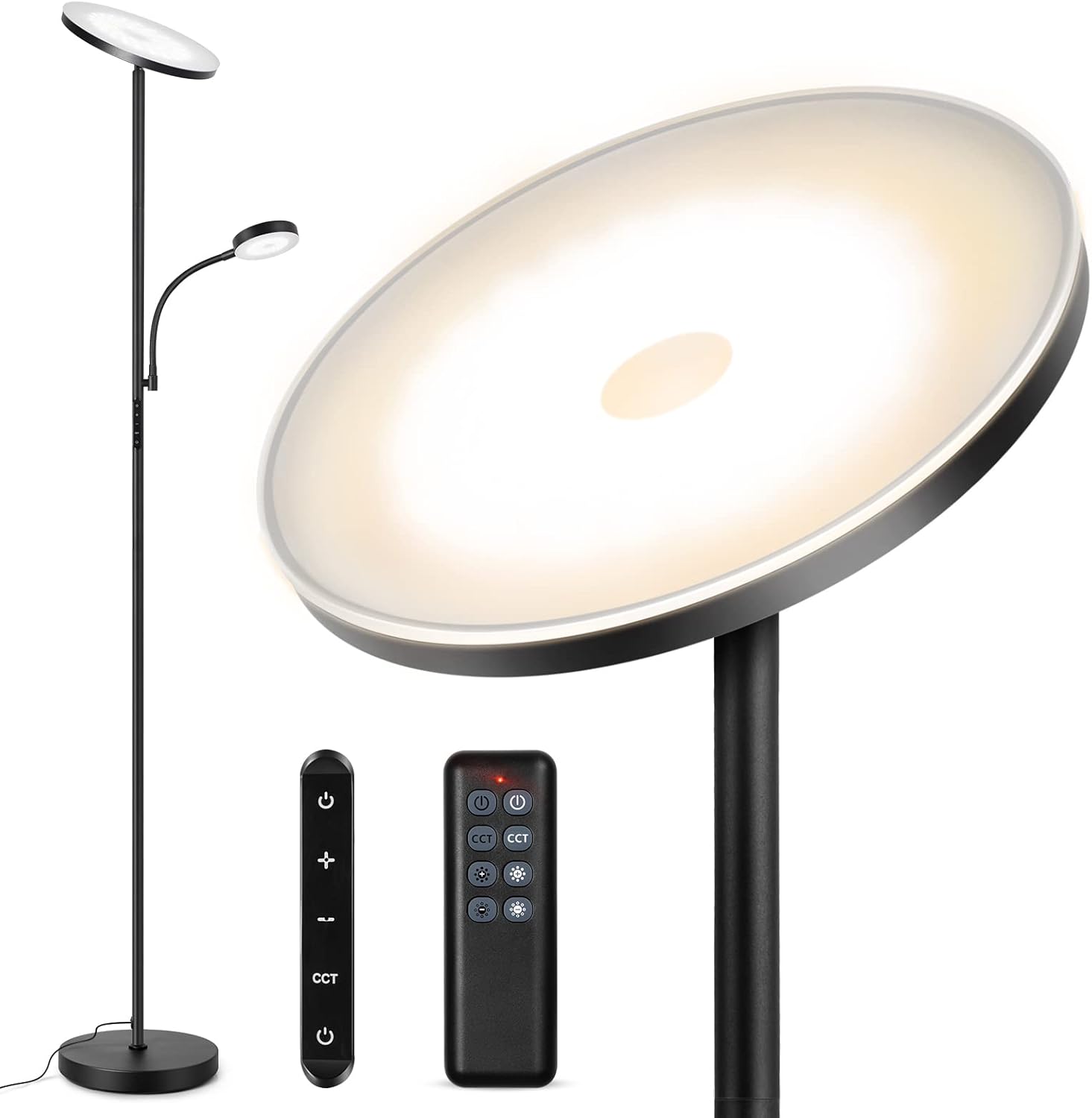 Outon LED Floor Lamp with Adjustable Reading Lamp, 27W Main Light & 7W Reading Lamp, Dimmable Standing Lamp with 4 Color Temperature, Remote & Touch Control for Living Room Bedroom Office, Black