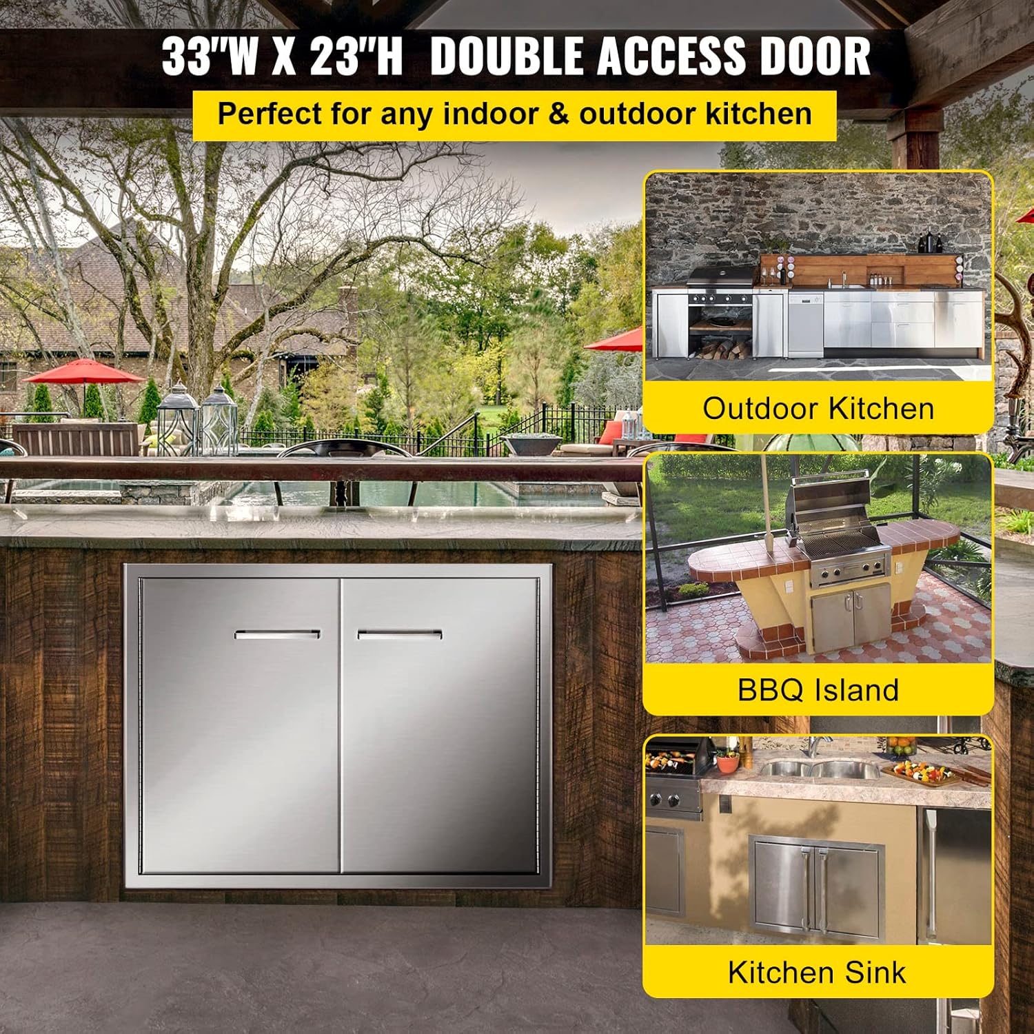VEVOR Double BBQ Access Door, 33''Wx23''H Outdoor Kitchen Doors, Double Wall Construction Outdoor Cabinets with Hooks, Brushed 304 Stainless Steel BBQ Door, for BBQ Island Grill Station