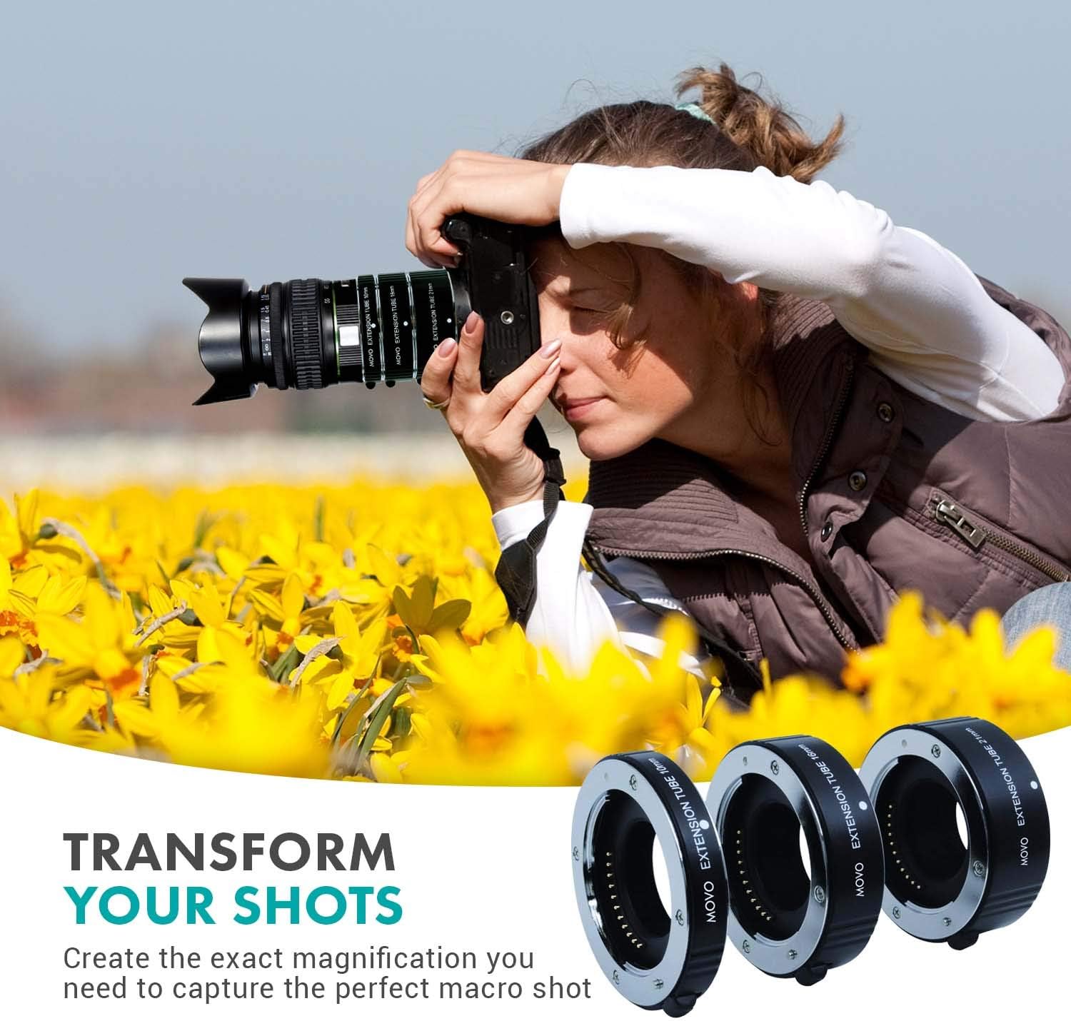 Movo Photo AF Macro Extension Tube Set for Micro 4/3 Mount Mirrorless Camera System (Compatible with Olympus Pen, Panasonic Lumix, Blackmagic Cinema Camera) with 10mm, 16mm & 21mm Tubes