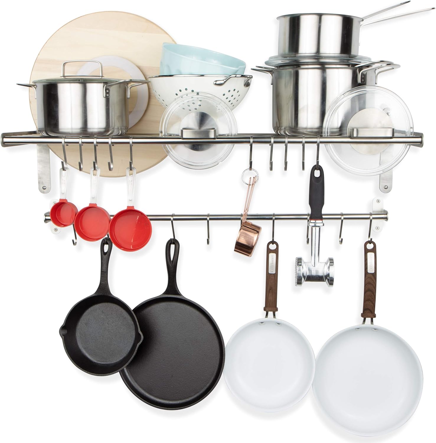 Wallniture Lyon Wall Shelf and Kitchen Rail with 20 S Hooks for Hanging Pots and Pans Set, Stainless Steel Kitchen Organization Unit, Chrome Pack of 2