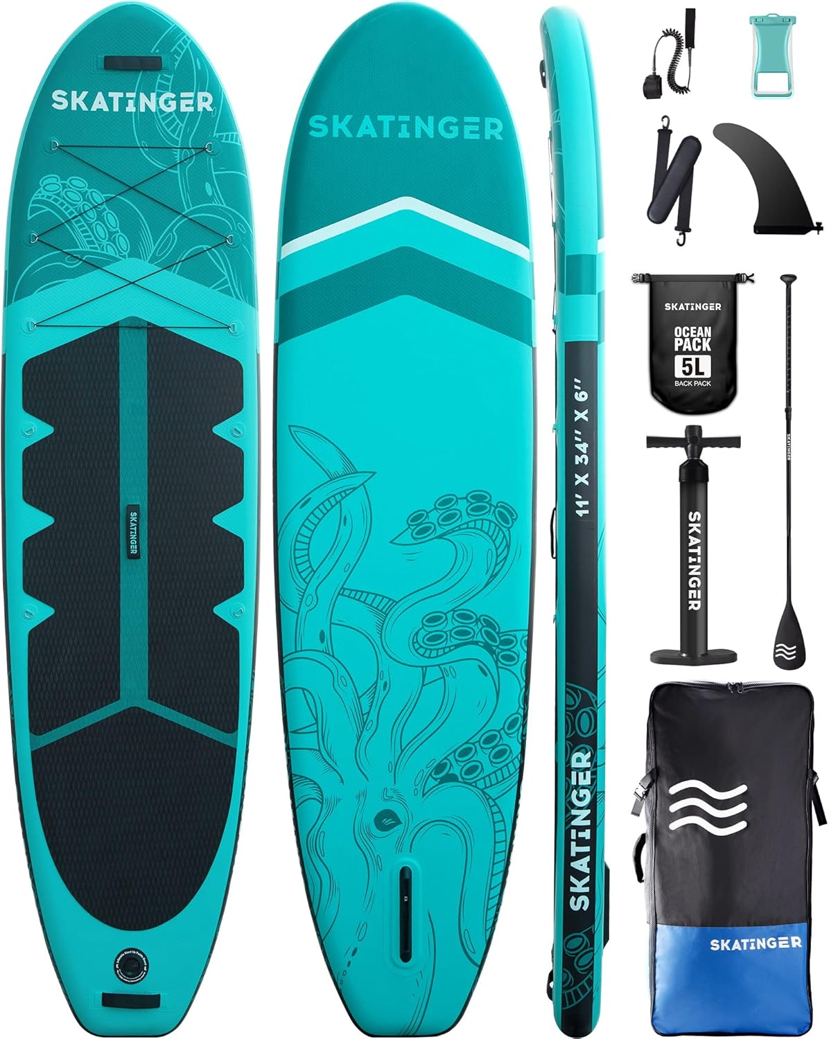 Skatinger Inflatable Stand Up Paddle Boards, 11'x34''x6'' SUP Board w/1600D Backpack, 6 Extra D-Rings, Shoulder Strap, US Central Fin, 2-Action Pump, 3PCS Floatable Paddle, Leash for All Skill Levels.