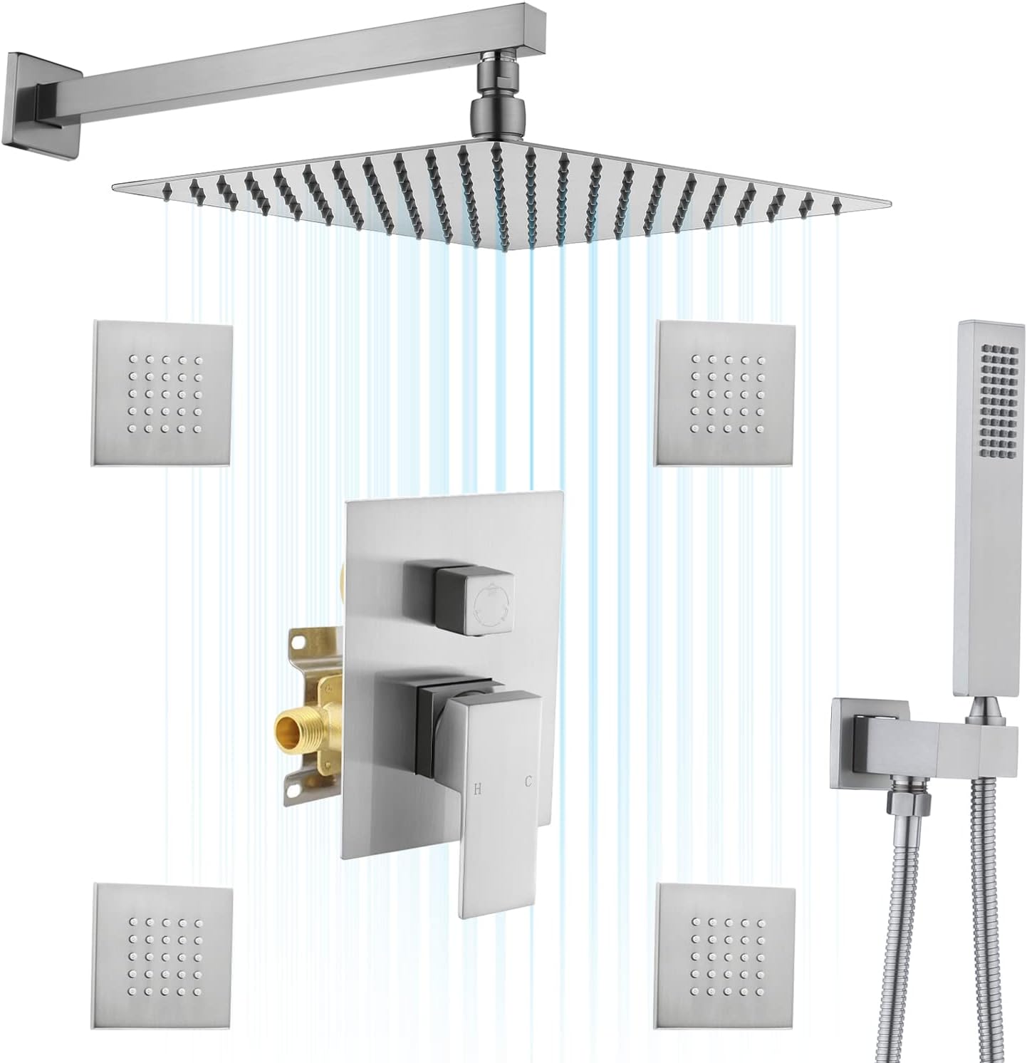 12 Inch Black Rain Shower Head System with Ceiling Mount Square Showerhead and Handheld Shower, 4pcs Body Jets, and 3 Functions Pressure Balance Valve, NPYSVSSS Full Body Shower Combo Set