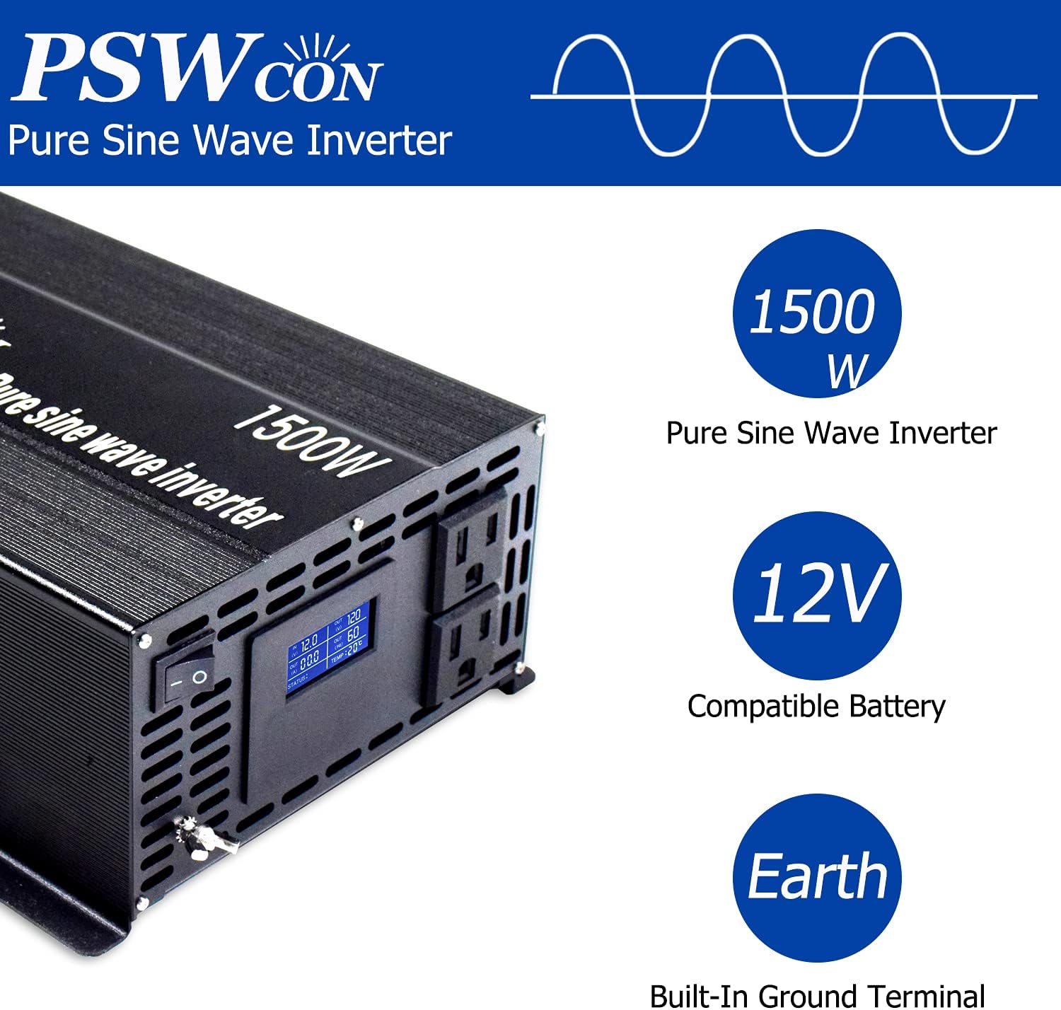 PSWCON 1500 watt Inverter Pure Sine Wave Inverter 12V to 110V 120V, DC to AC Power Converter Surge 3000W with Hardwire Terminal, LCD Display and Earth, for Home Use, RV. (1500W 12 Volt)