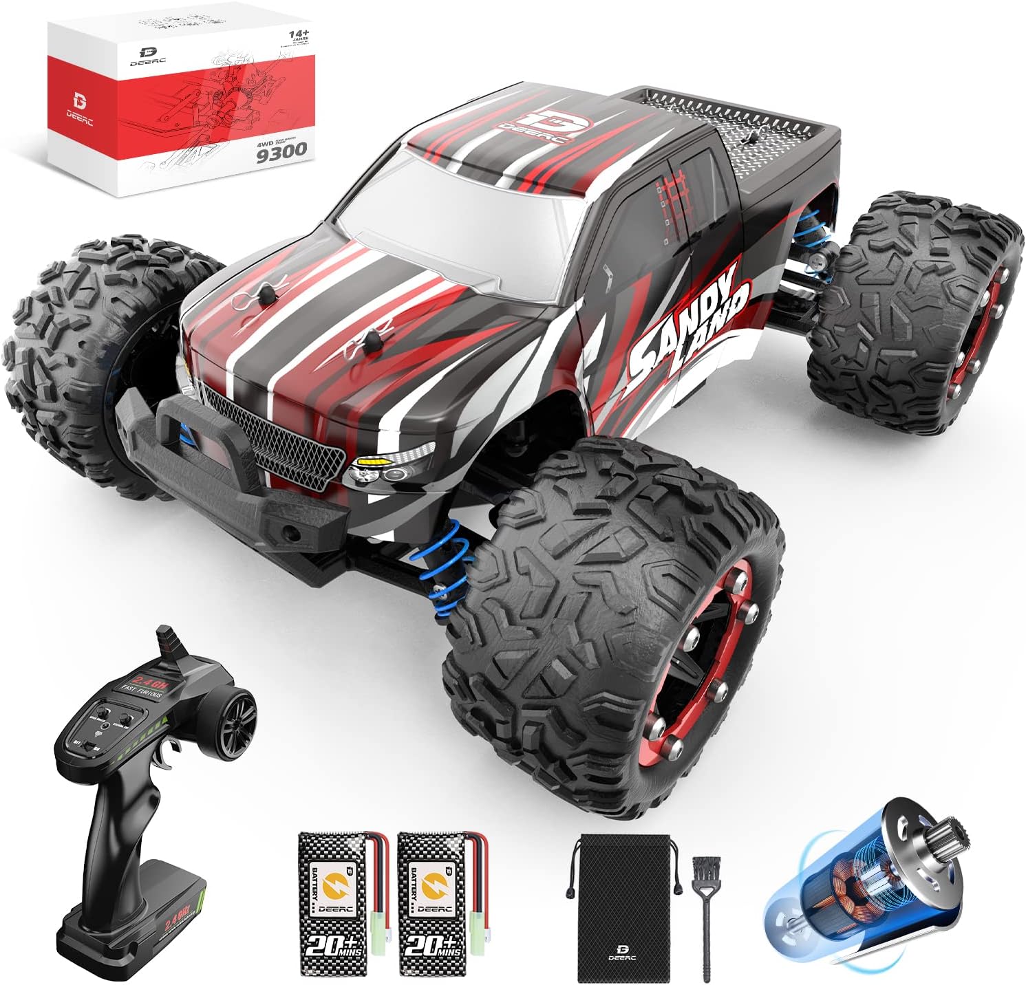 DEERC 9300 Remote Control Car High Speed RC Cars for Kids Adults 1:18 Scale 40 KM/H 4WD Off Road Monster Trucks,2.4GHz All Terrain Toy Trucks with 2 Rechargeable Battery,40+ Min Play Gift for Boy Girl Pack of 2