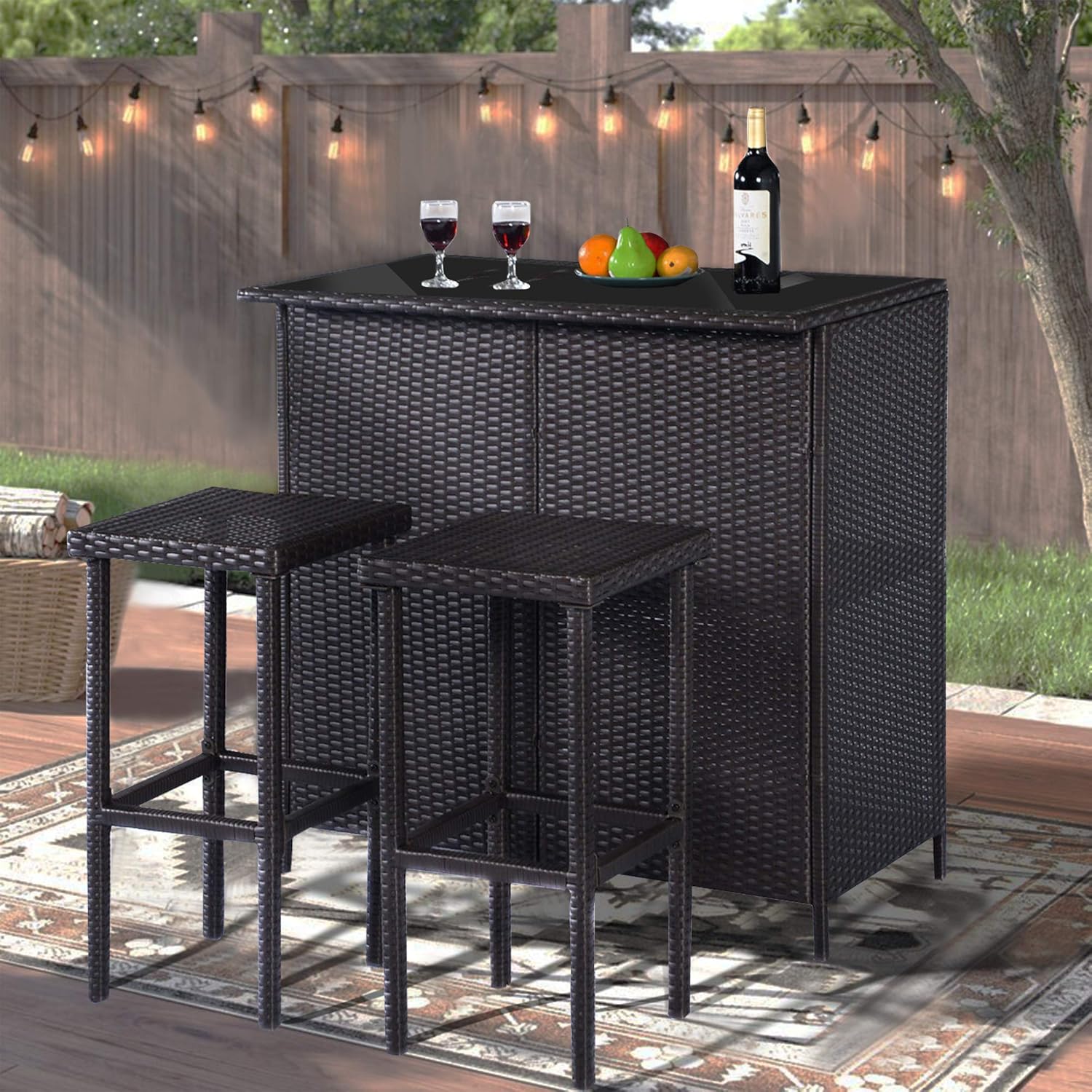 MCombo Patio Bar Set,Wicker Outdoor Table and 2 Stools,3 Piece Patio Furniture with Storage for Poolside,Backyard,Garden,Porches 6085-1201BK