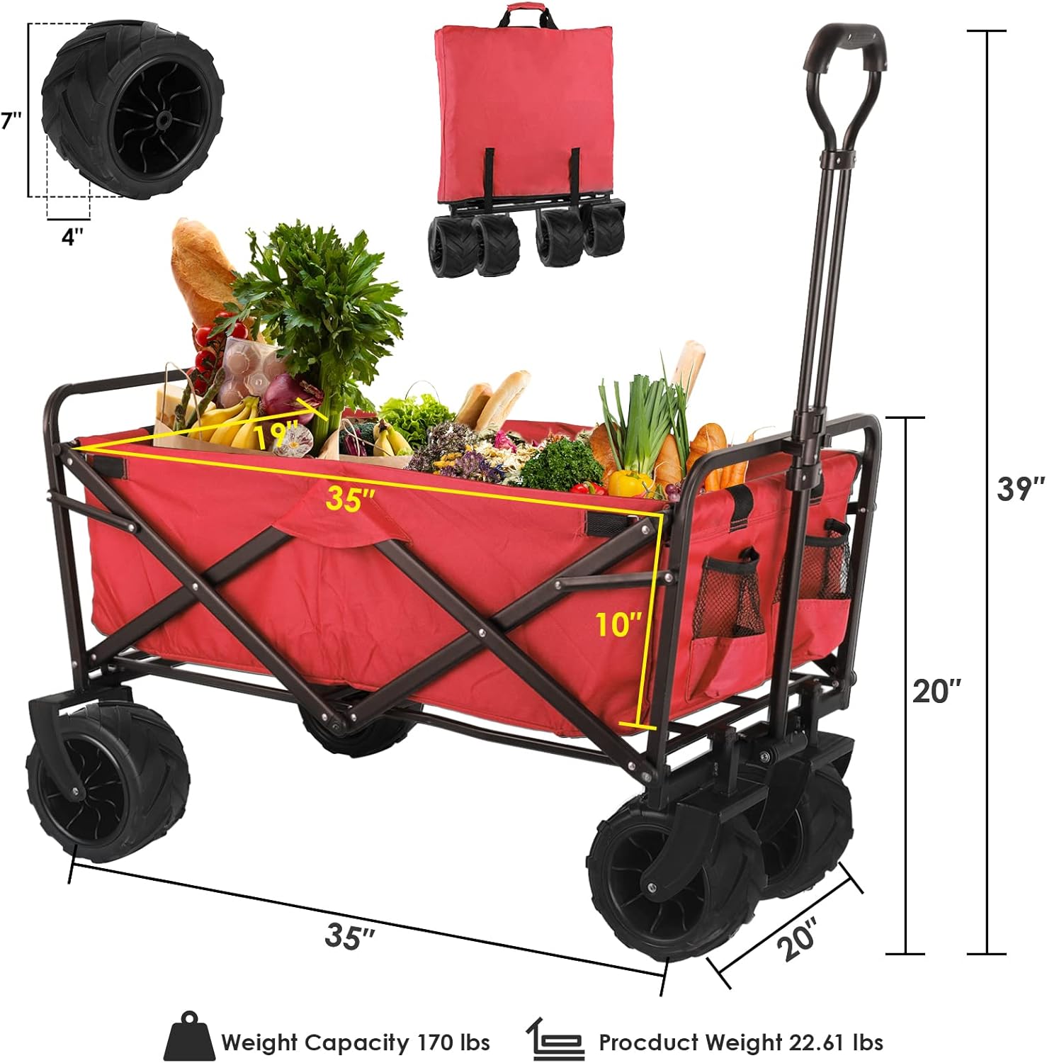 Heavy Duty Folding Wagon Cart w/7'' All-Terrain Wheel, Collapsible Portable Utility Camping Grocery Canvas Wagon w/Carry Bag, Adjustable Handle Prevent Sinking in Sand for Shopping, Park, Beach(Red)&hellip;