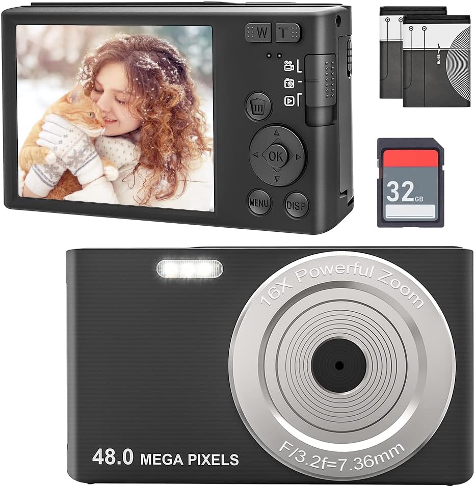 Digital Camera 4K Compact Camera 48.0 Mega Pixels Vlogging Camera 2.8 inch IPS HD Screen Compact Portable Mini Cameras for Students, Teens, Kids (with 32GB SD Card and 2 Battery),Black Pack of 2