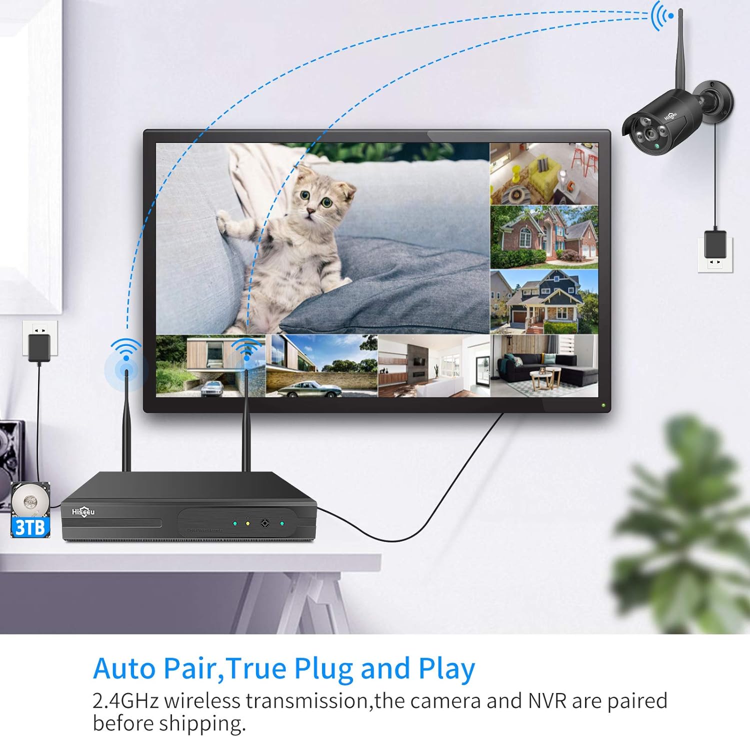 【3TB HDD Pre-Install, 2K】 Hiseeu Wireless Security Camera System, 8CH 1296P NVR 8Pcs Outdoor/Indoor WiFi Surveillance Camera 3MP with Night Vision,Waterproof,Motion Alert,One-Way Audio,Remote Access