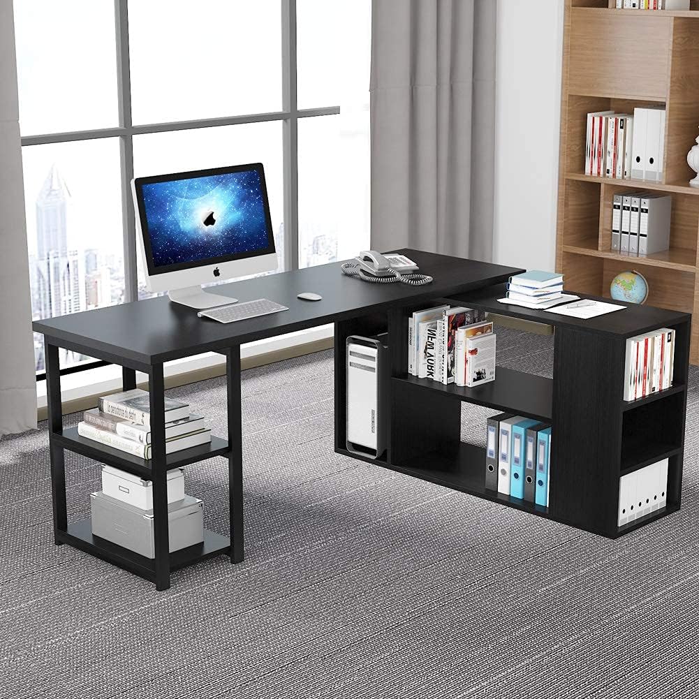 L-Shaped Computer Desk, Tribesigns Rotating Corner Computer Desk with Bookcase and File Cabinet (Black)