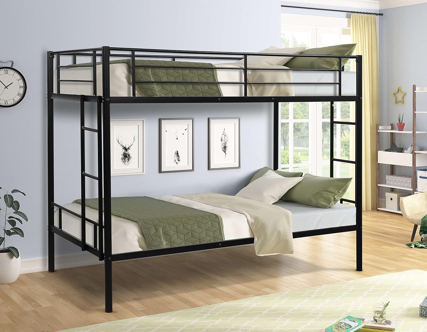 Wentall Low Twin Over Full Metal Bunk Bed with Flat Ladder and Guardrail,No Box Spring Needed Heavy Duty Space-Saving Design,Easy Assembly,Black Frame