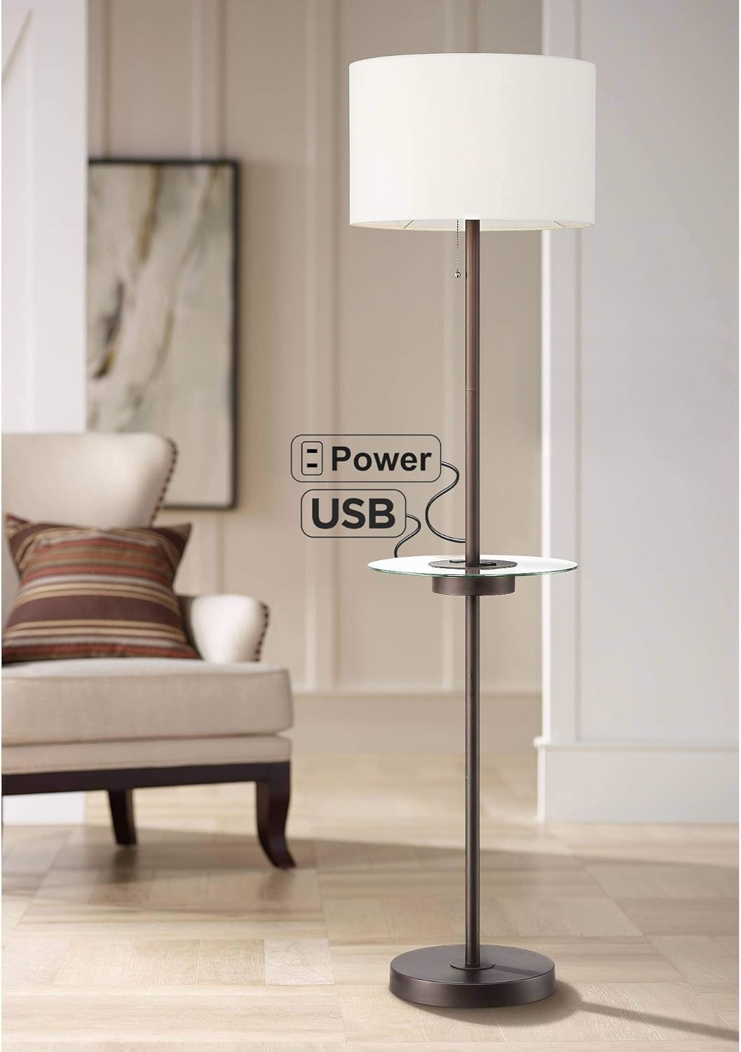 Caper Modern Contemporary Floor Lamp with Tray USB and AC Power Outlet on Table Glass Satin Nickel White Fabric Drum Shade for Living Room Reading House Bedroom Home Office - 360 Lighting