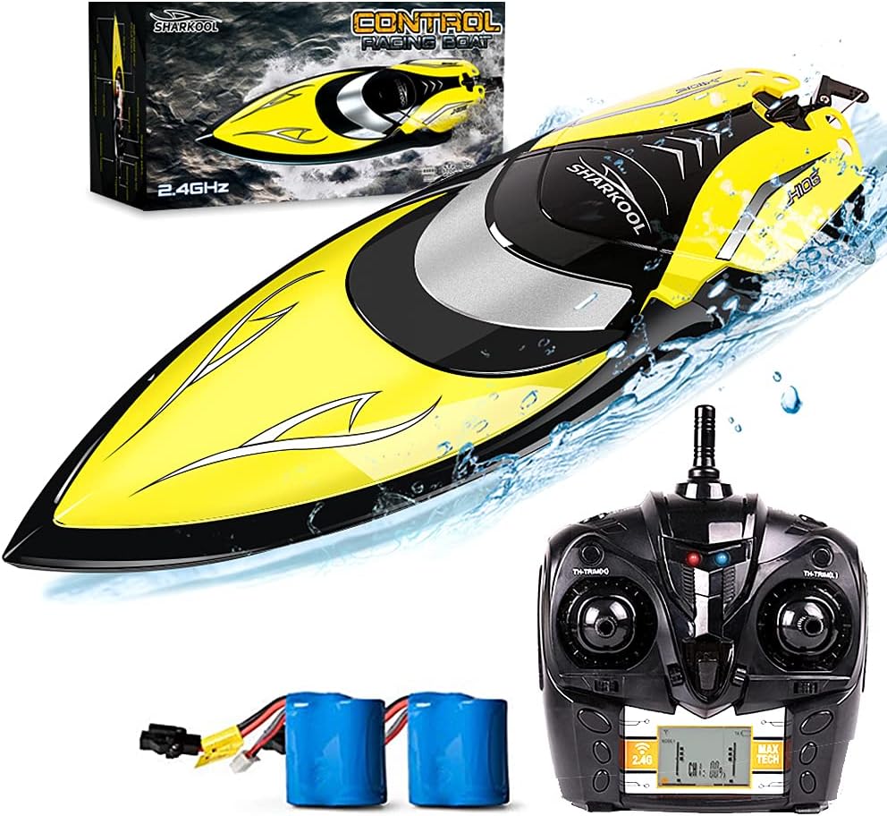 Remote Control Boat [Upgraded 2021] - SHARKOOL 2.4 GHZ 25+ MPH RC Boat, Fast Remote Controlled Boat for Pools and Lakes, RC Boats for Adults and Kids with 2 Rechargeable Batteries Pack of 2
