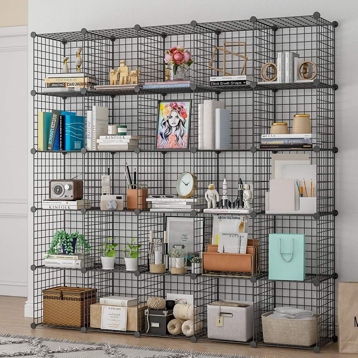 KOUSI DIY Wire Cube Storage, Modular Metal Shelf, Cubby Shelving, Stackable Grid Organizer, 30 Cube, Black