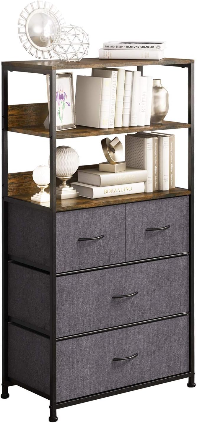 SUNPACE Industrial Style 4 Dresser Unit with 2 Layer Shelves, Storage Dresser Tower with 4 Fabric Drawers for Living Room, Hallway, Nursery