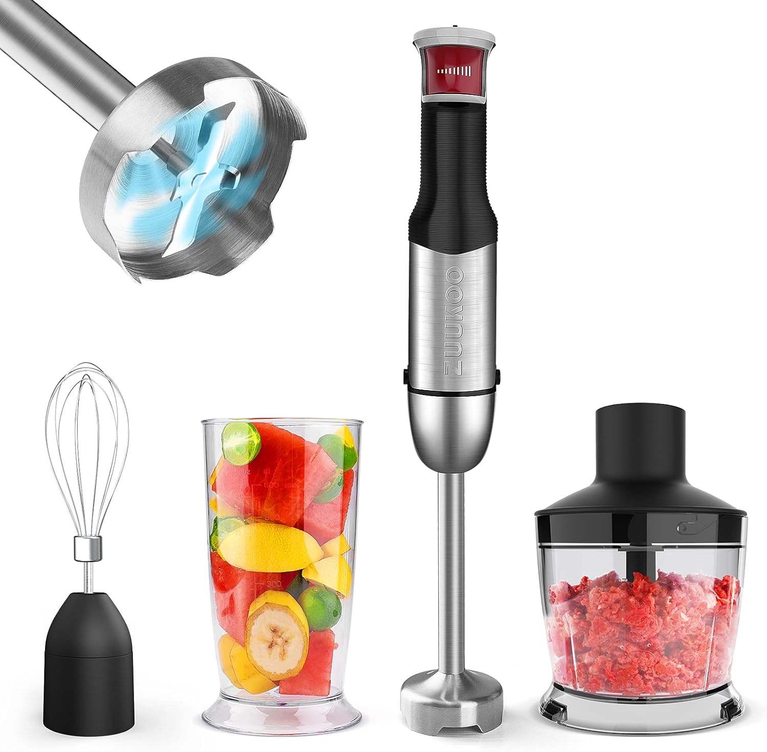 Immersion Hand Blender, ZUUKOO KITCHEN 800W 4-in-1 Immersion Blender Handheld, Multi-Purpose Stepless Speed Stick Blender with Chopper, Beaker, Whisk Attachments, for Smoothies/Soup/Baby Food Pack of 2