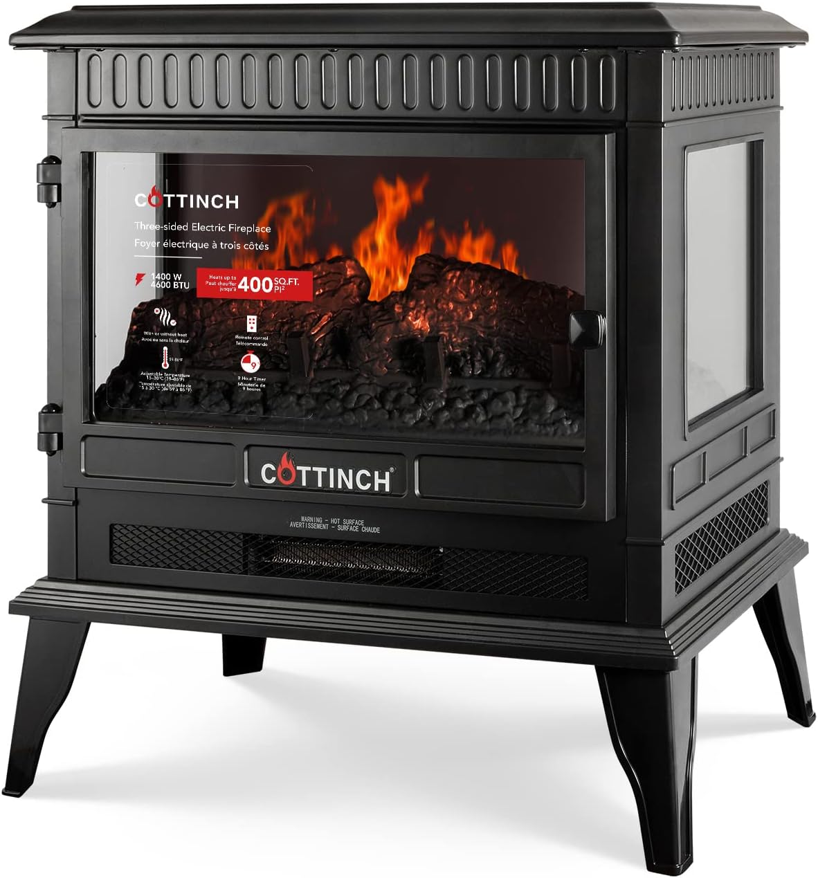 Cottinch Electric Fireplace Space Heater, Portable for Indoor Use, The Living Room, Large Room, Fake Fireplace Logs with Lights, 3D Flame Effects, Adjustable Brightness, Timer, Remote Control