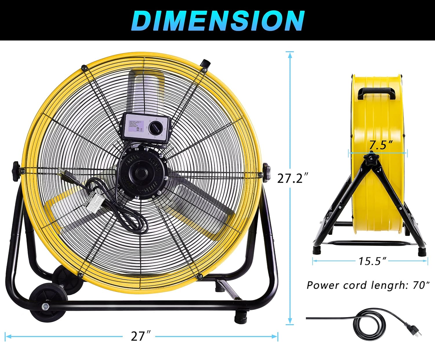 WARMLREC Industrial Fan 24 Inch Heavy Duty Drum 3 Speed 8100 CFM Air Circulation High Velocity Fan For Warehouse, Workshop, Factory, Commercial, Residential and Greenhouse Yellow