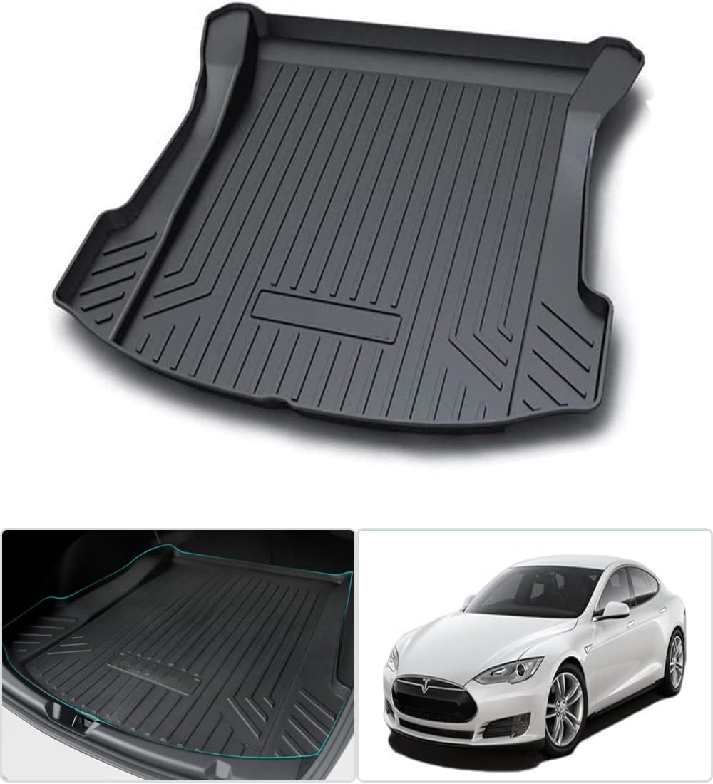 All Weather Rear Cargo Liners Trunk Tray Mats Protector Compatible with 2017 2018 2019 2020 2021 2022 Tesla Model 3, 3D Waterproof Durable Odorless Flexible Black TPO Accessories Custom Fit Pack of 2