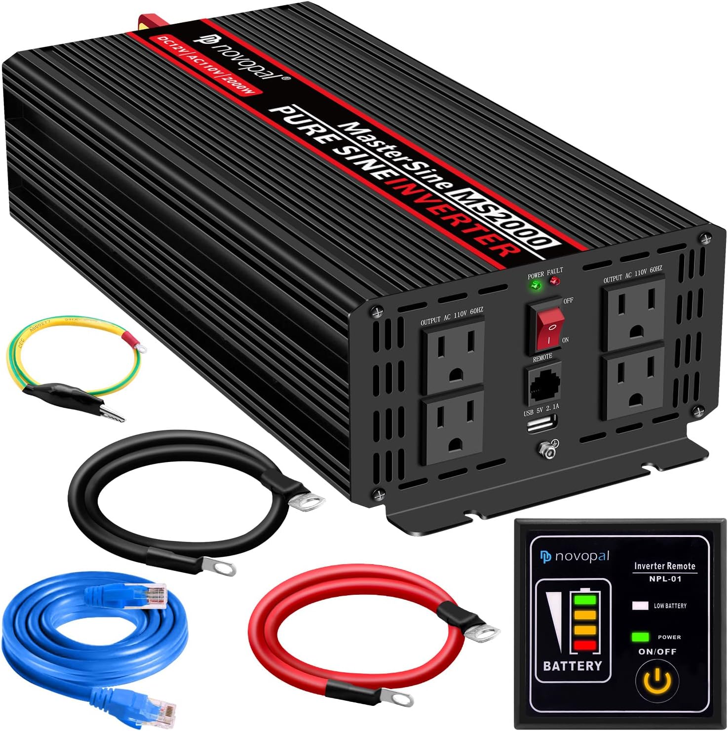 Novopal Pure Sine Wave Power Inverter 2000 Watt 12V DC to 110V/120V AC Converter 4 AC Outlets Car Inverter with One USB Port 16.4 Feet Remote Control and Two Cooling Fans-Peak Power 4000 Watt