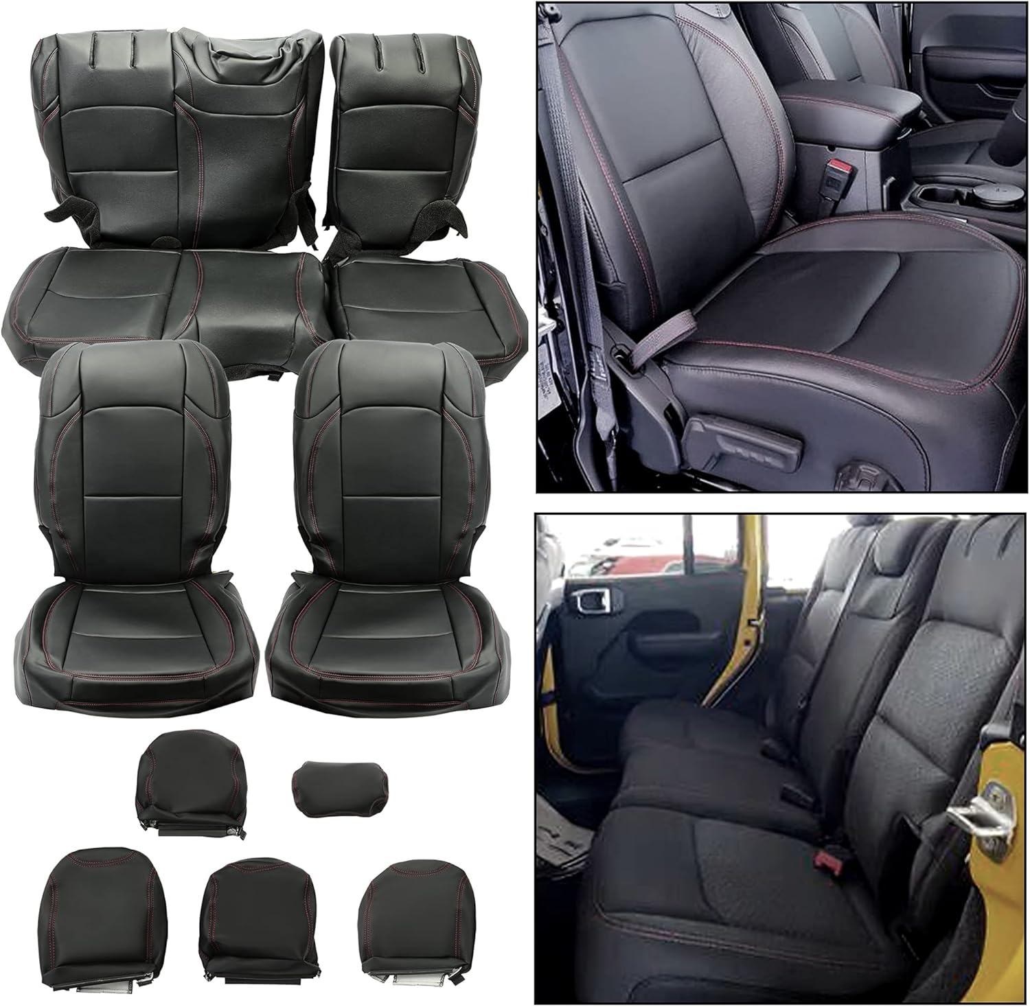 KUAFU Full Seat Covers Compatible with 2018-2021 Wrangler Rubicon JL Factory Style Black and Red Stitching