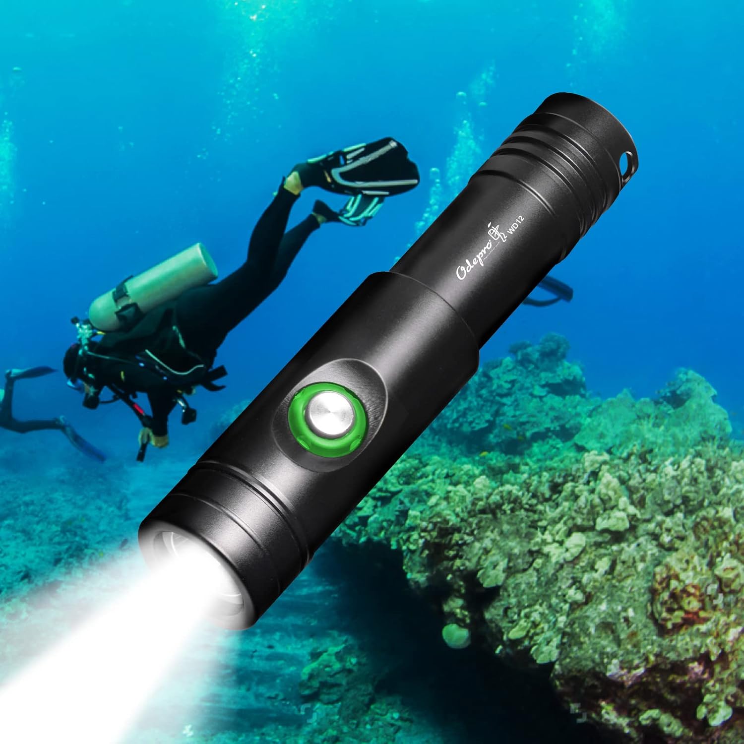 Odepro WD12 Scuba Diving Light 1050 Lumen Super Bright Compact Dive Lights with 3 Modes, IP68 Waterproof Submarine LED Flashlight with Battery Indicator, for 150m Underwater Diving, Fishing, Camping Pack of 2