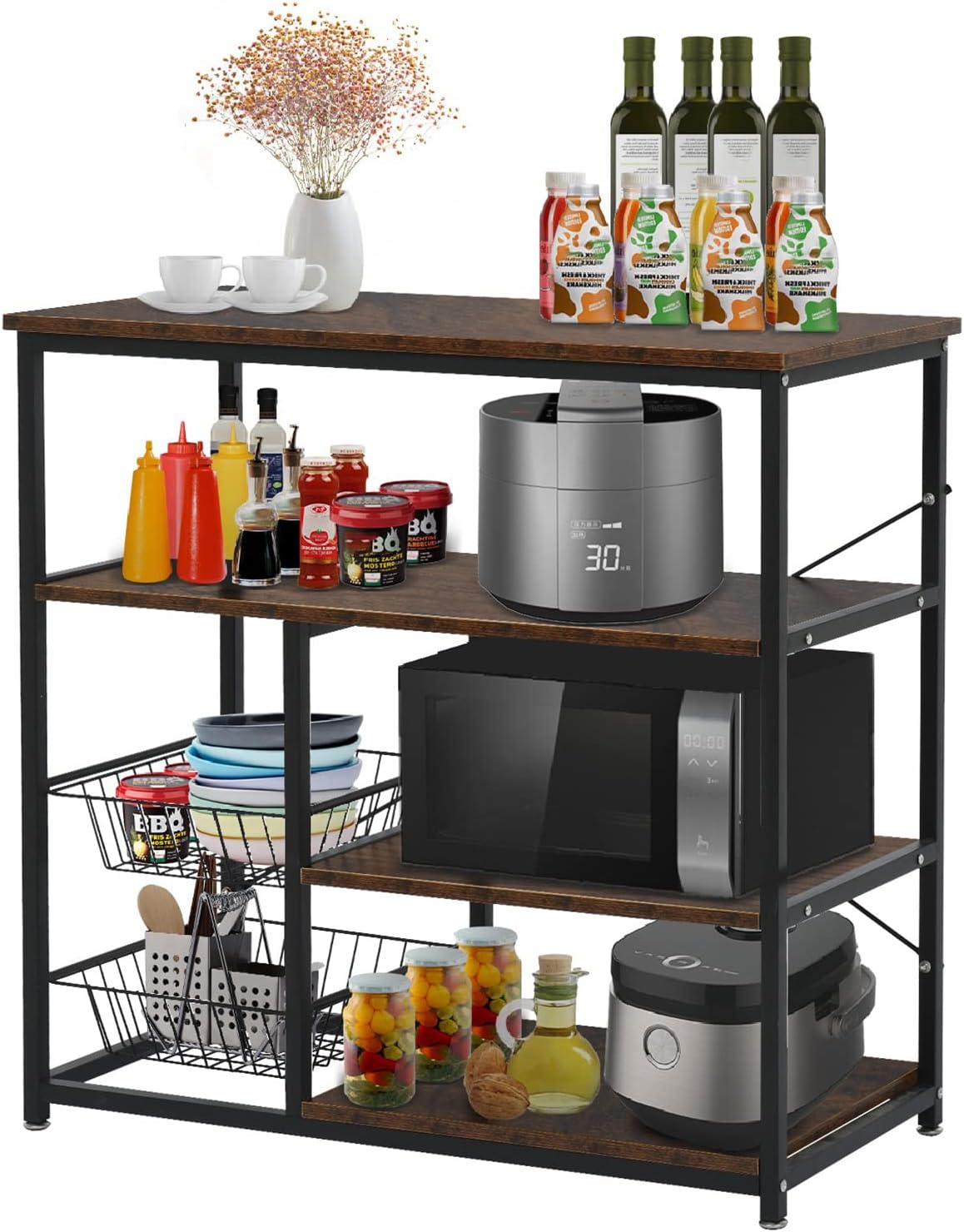 Kitchen Bakers Rack with Hutch, Microwave Oven Stand, Coffee Bar Cabinet Kitchen Storage Rack Utility Cart Shelf Organizer with Large Workstation, Rustic Brown