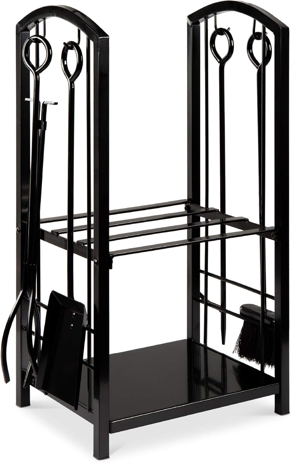Best Choice Products 5-Piece Indoor Outdoor Wrought Iron Firewood Log Storage Rack Holder Tools Set for Fireplace, Fire Pit, Stove w/Hook, Broom, Shovel, Tongs - Black
