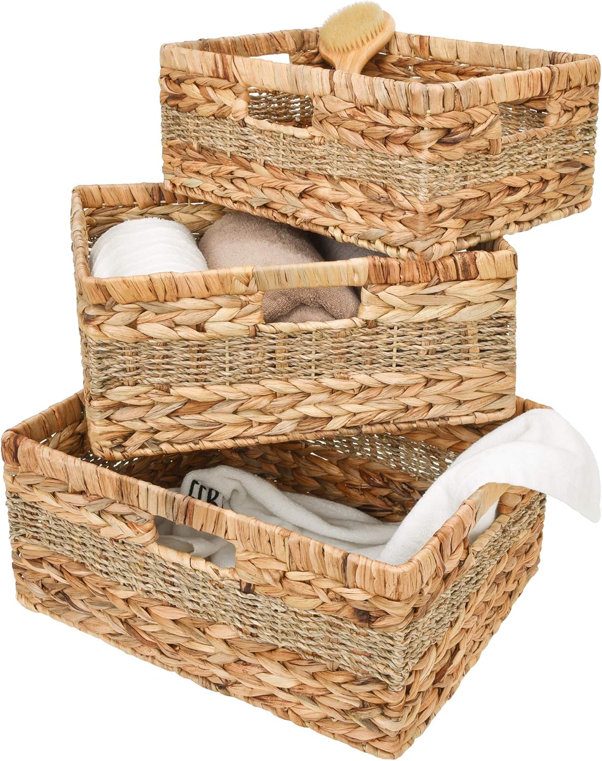 StorageWorks Hand-Woven Rectangular Wicker Baskets Set, Water Hyacinth and Seagrass Storage Baskets with Built-in Handles, Set of 3 (Jumbo & Large & Medium) Pack of 2
