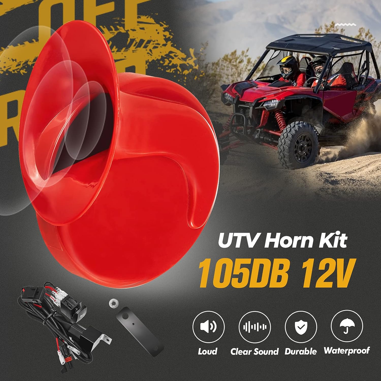 kemimoto Universal RZR Horn Kit, UTV Loud Horn Kit Red Easy Installation with Rocker Switch Widely Compatible With RZR, CAN-AM, Ranger 105D 12V Pack of 2