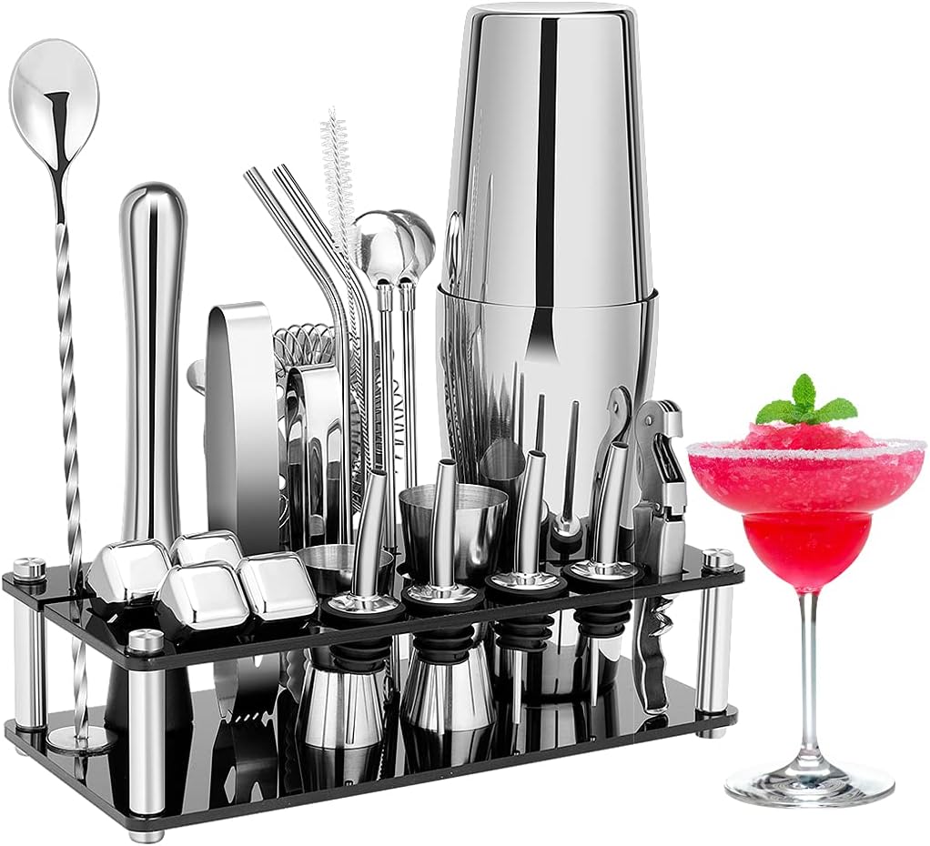 Cocktail Shaker Set, 23-Piece Boston Stainless Steel Bartender Kit with Acrylic Stand & Cocktail Recipes Booklet, Professional Bar Tools for Drink Mixing, Home, Bar, Party (Include 4 Whiskey Stones) Pack of 2