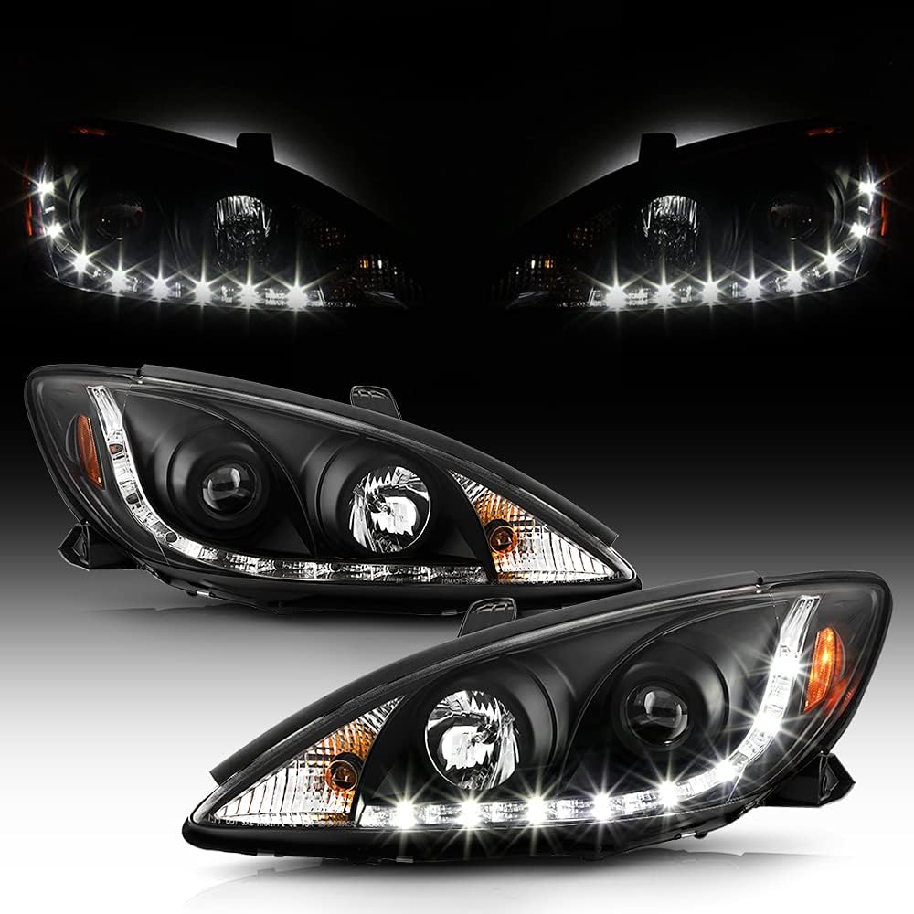 ACANII - For 2002-2006 Toyota Camry LED DRL Running Chrome Housing Projector Headlights Headlamps, Driver & Passenger