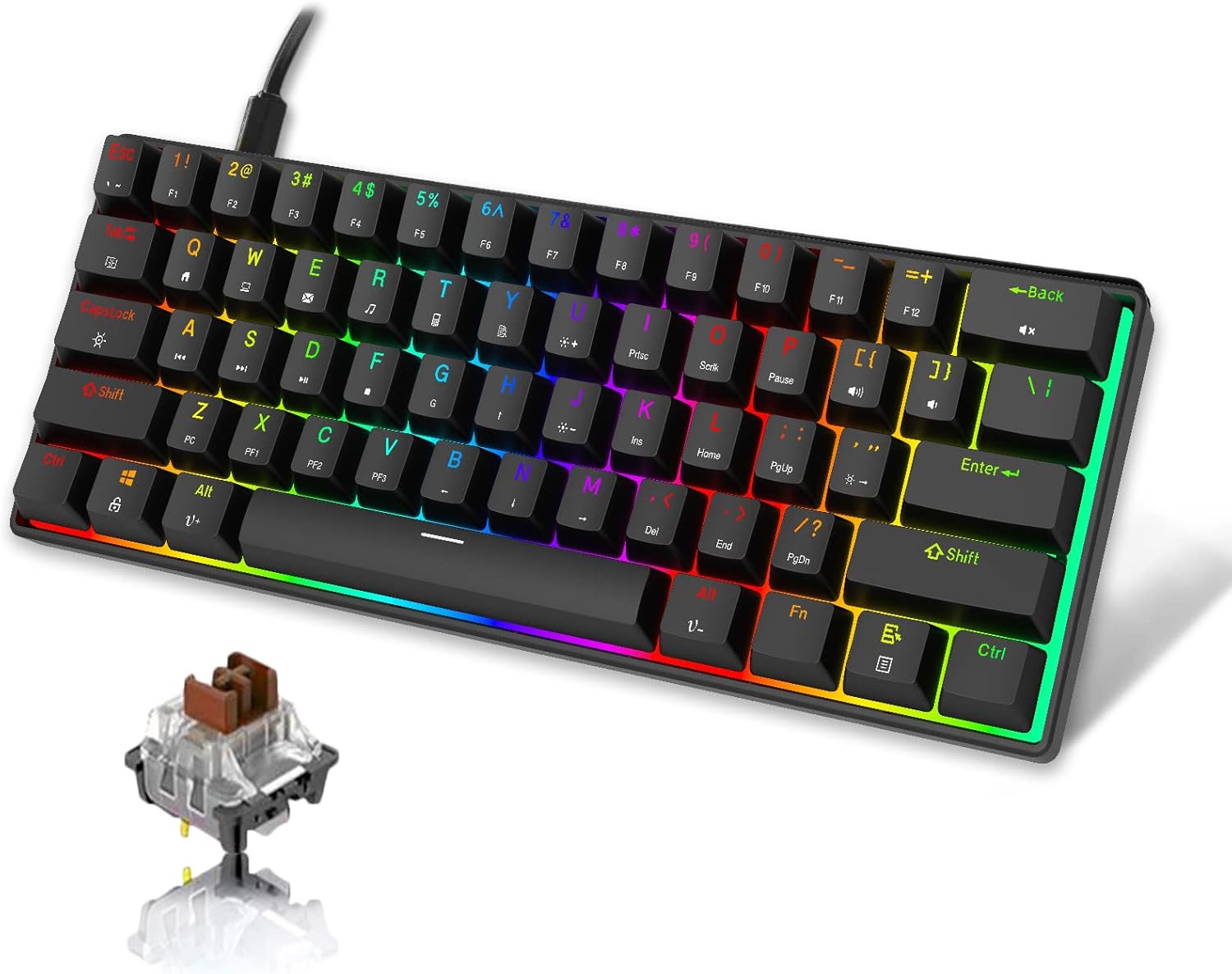 60% Wired Mechanical Gaming Keyboard with Type-c Interface Ultra-Compact Mini Keyboard 61 Keys RGB Backlit Keyboard, PBT Keycaps, for Windows PC/Mac OS (Brown Switch)