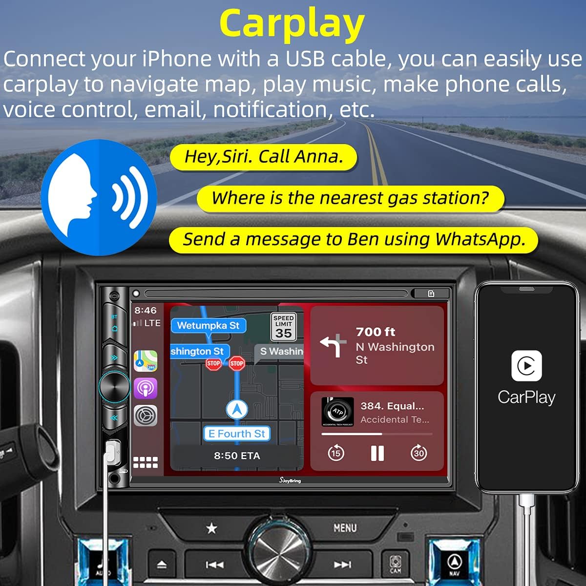 Double Din Car Stereo with Mirror Link for iOS & Android, 7