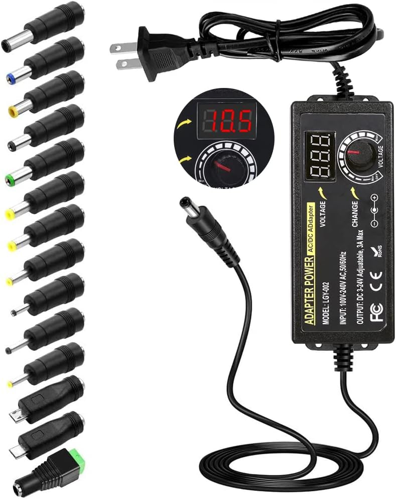 72W Power Supply Adjustable DC 3V ~ 24V Variable Universal Switching AC/DC Adapter 100V-240V AC to DC Converter with LED Voltage Display and 14 Tips, for 3V to 24V Household Electronics - 3000mA Max