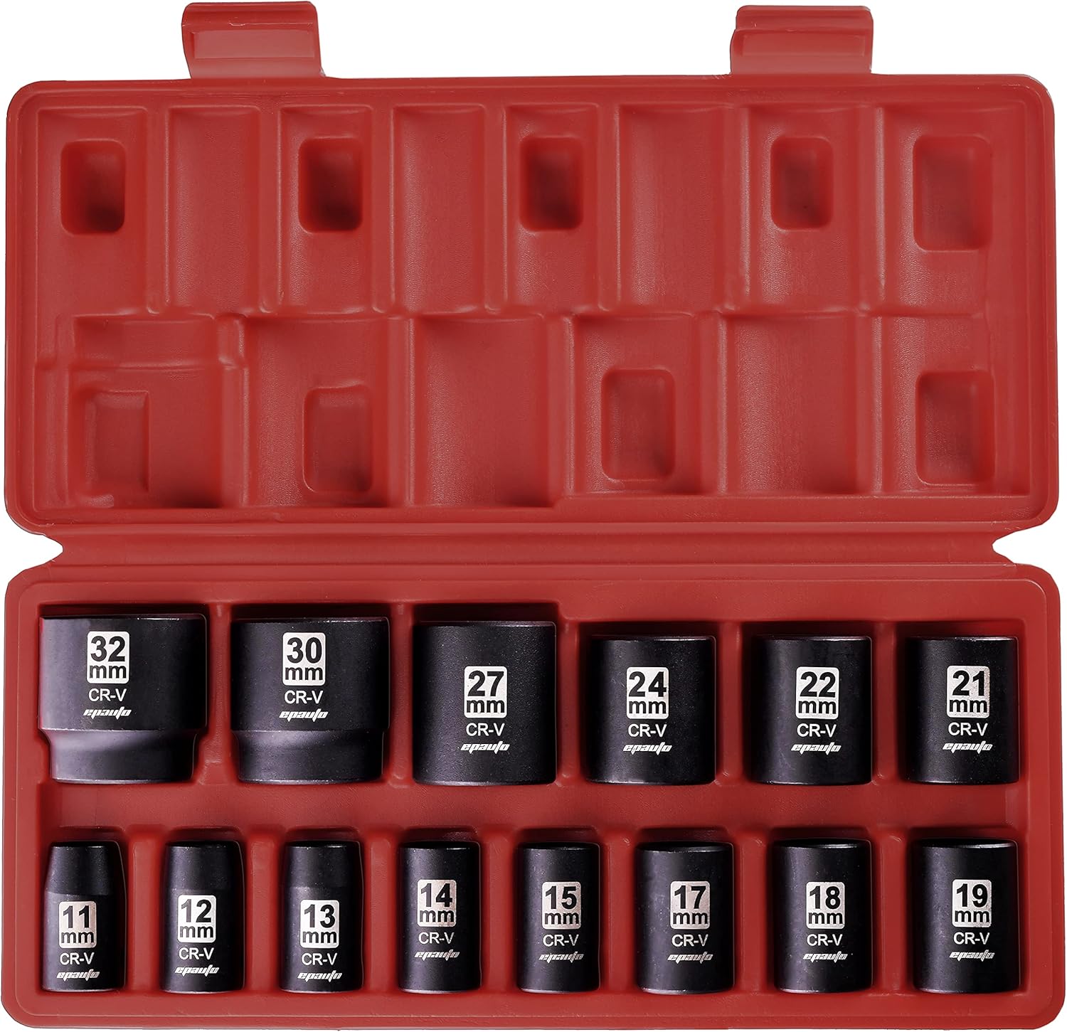 EPAuto 1/2-Inch Drive Metric Shallow Impact Socket Set, Cr-V, 6-Point, 14 Sockets