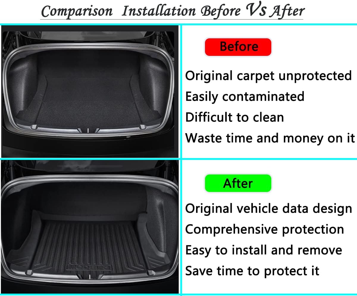 All Weather Rear Cargo Liners Trunk Tray Mats Protector Compatible with 2017 2018 2019 2020 2021 2022 Tesla Model 3, 3D Waterproof Durable Odorless Flexible Black TPO Accessories Custom Fit