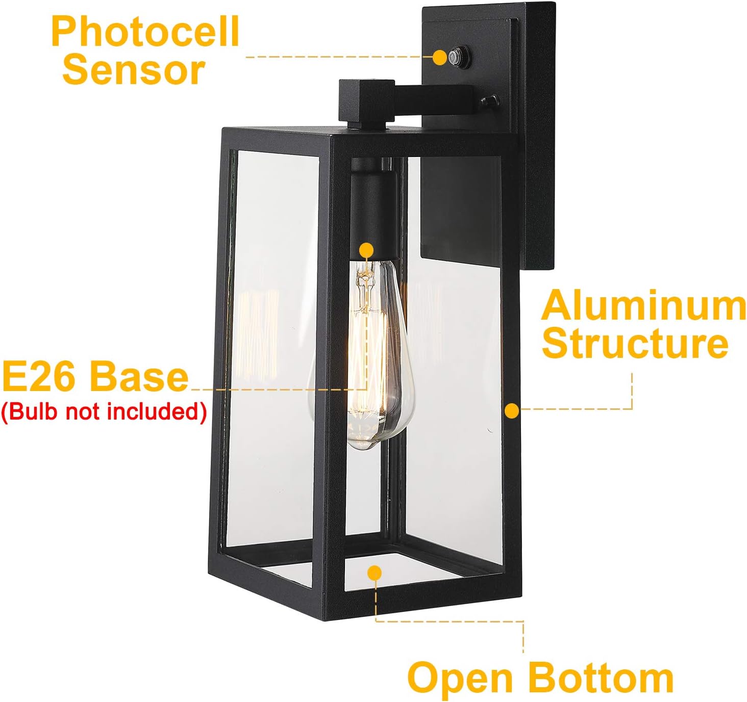 Zeyu Modern Outdoor Wall Lamp with Dusk to Dawn Sensor, 2 Pack Outdoor Wall Sconces for House, Black Finish with Clear Glass, ZW27B-P-2PK BK