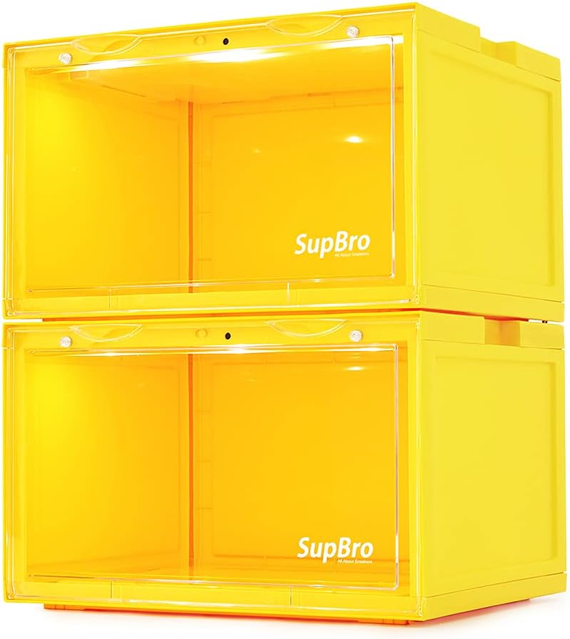 SupBro Led Collection Crate - Voice Control - Easy Access Storage Shoes box, Stackable Shoe Storage with clear plastic door for sneakers - (11.2 x 14.9 x 8.8 inch (2pack), White)