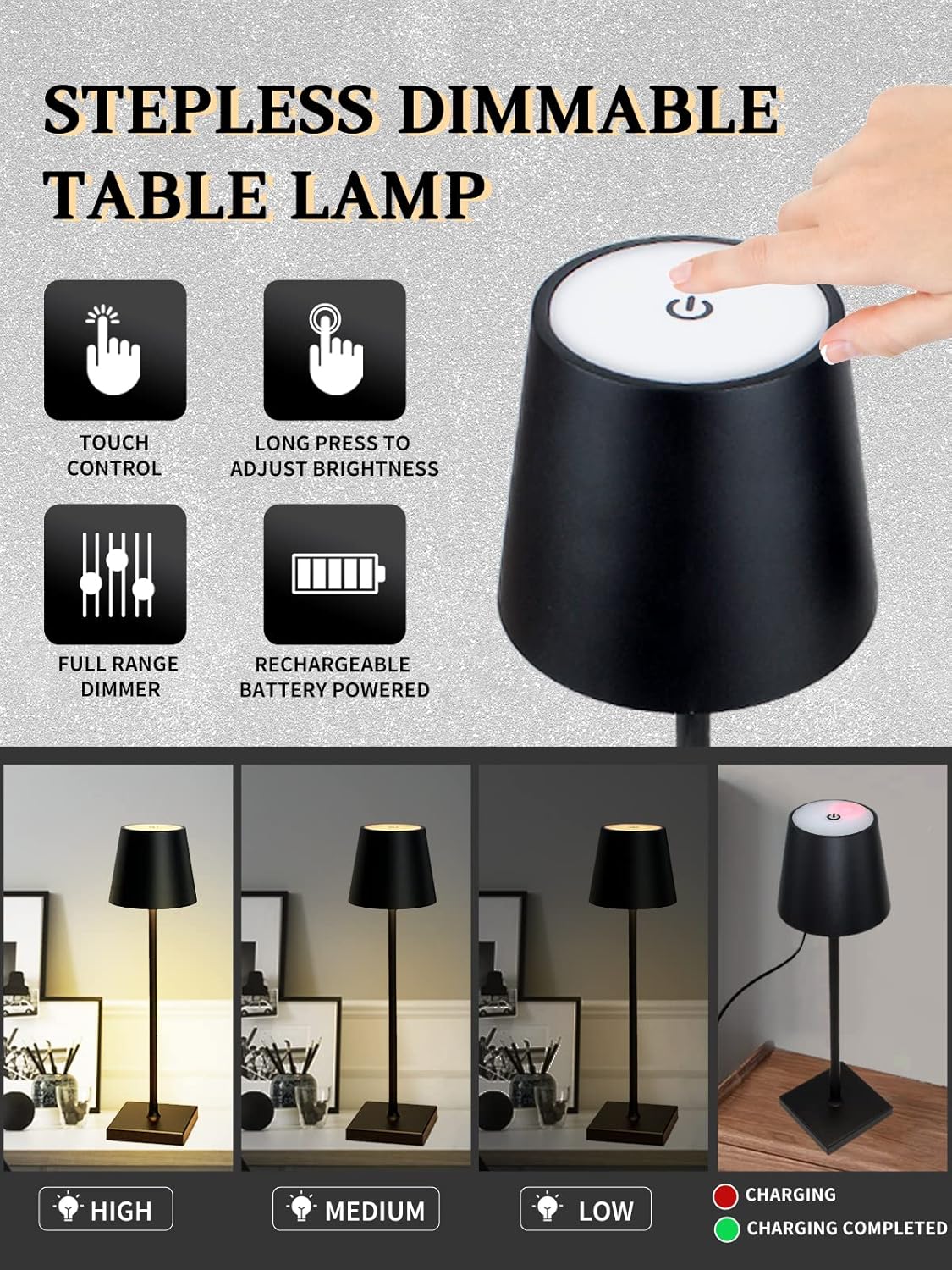 Rechargeable Cordless Led Table Lamp with Touch Control, Stepless Dimming 5200mAh Large Capacity Battery Metal Housing Waterproof Desk Lamp (Black)