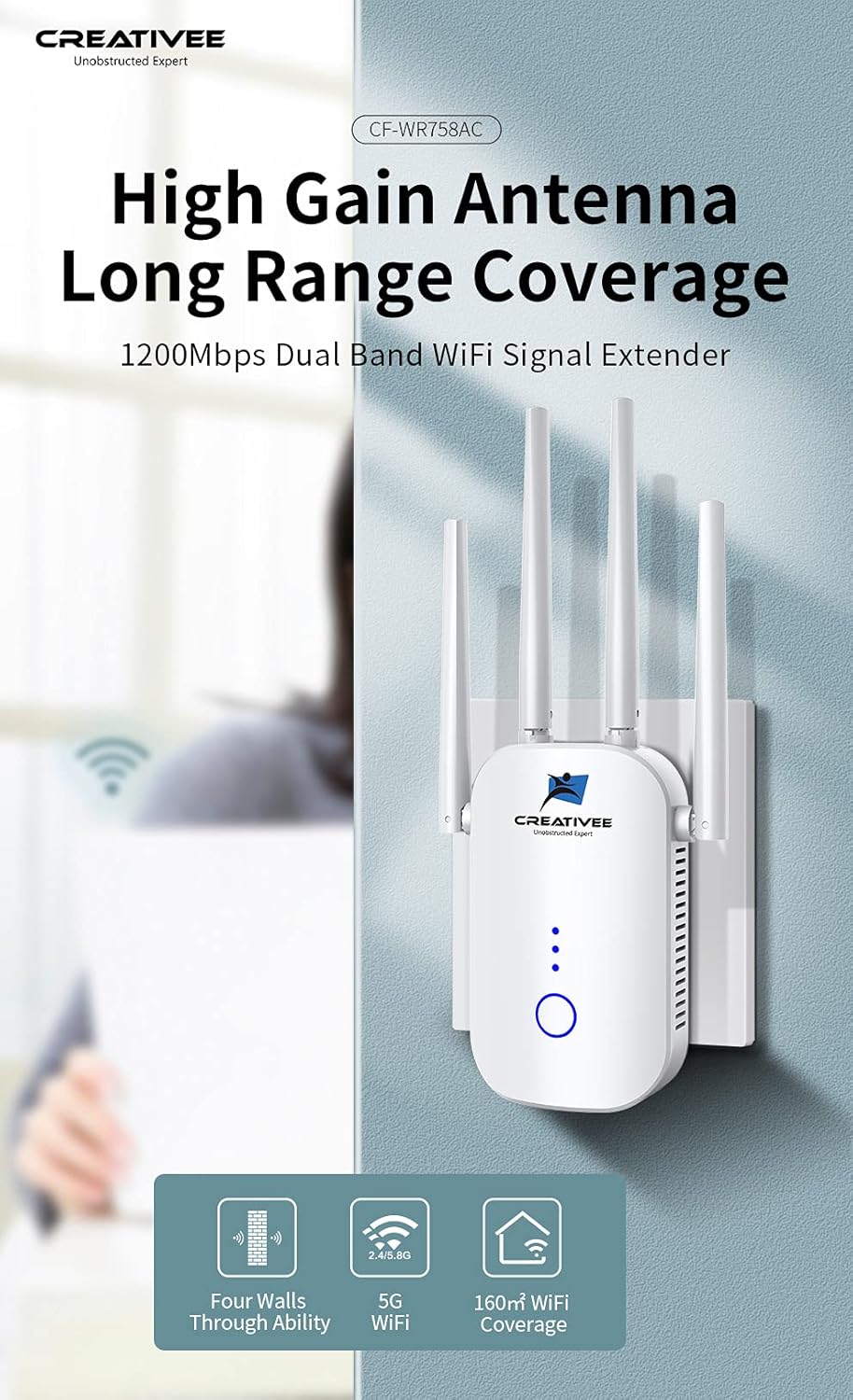 WiFi Range Extender Signal Booster with ethernet Port for Home, 1200Mbps and 40 Devices Repeater 4000FT 2.4 & 5GHz Dual Band WPS Enjoy Speed-5G-CFW129 Pack of 2