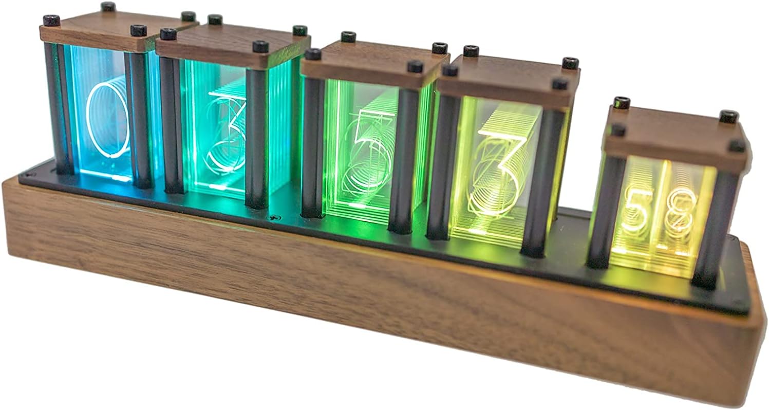 Adventurers Digital Tube Desk Clock Retro Modern Wooden Clock 1600 Colors RGB Full-Color LED Digital Clock Digital Tube DIY Desk Clock Interior (Black Walnut)