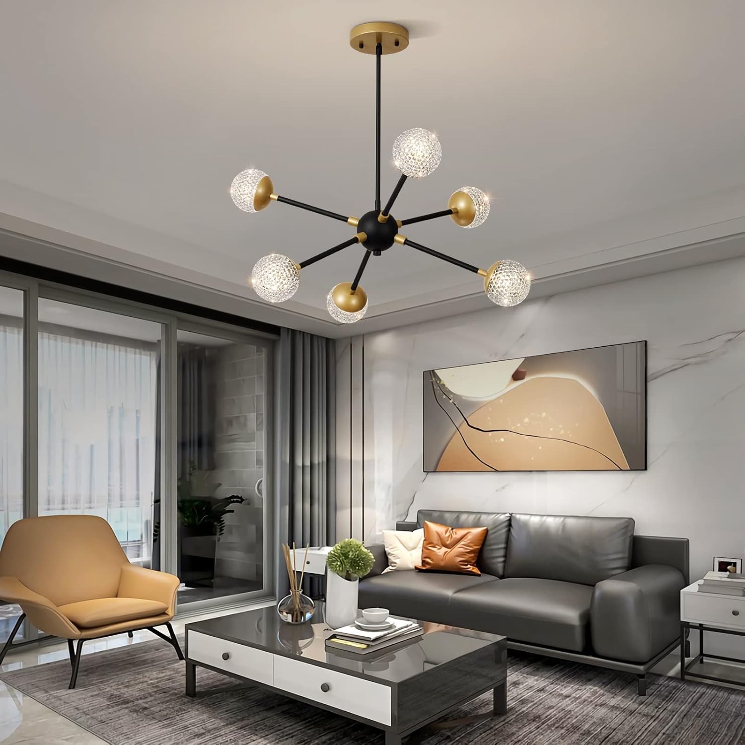 ZHLWIN Sputnik Chandeliers, Living Room Chandelier, Black Modern Pendant Light, LED 4500K Dimmable,Industrial Chendelier for Kitchen Island, Dinning Room, Bedroom and Study (6 Lights)