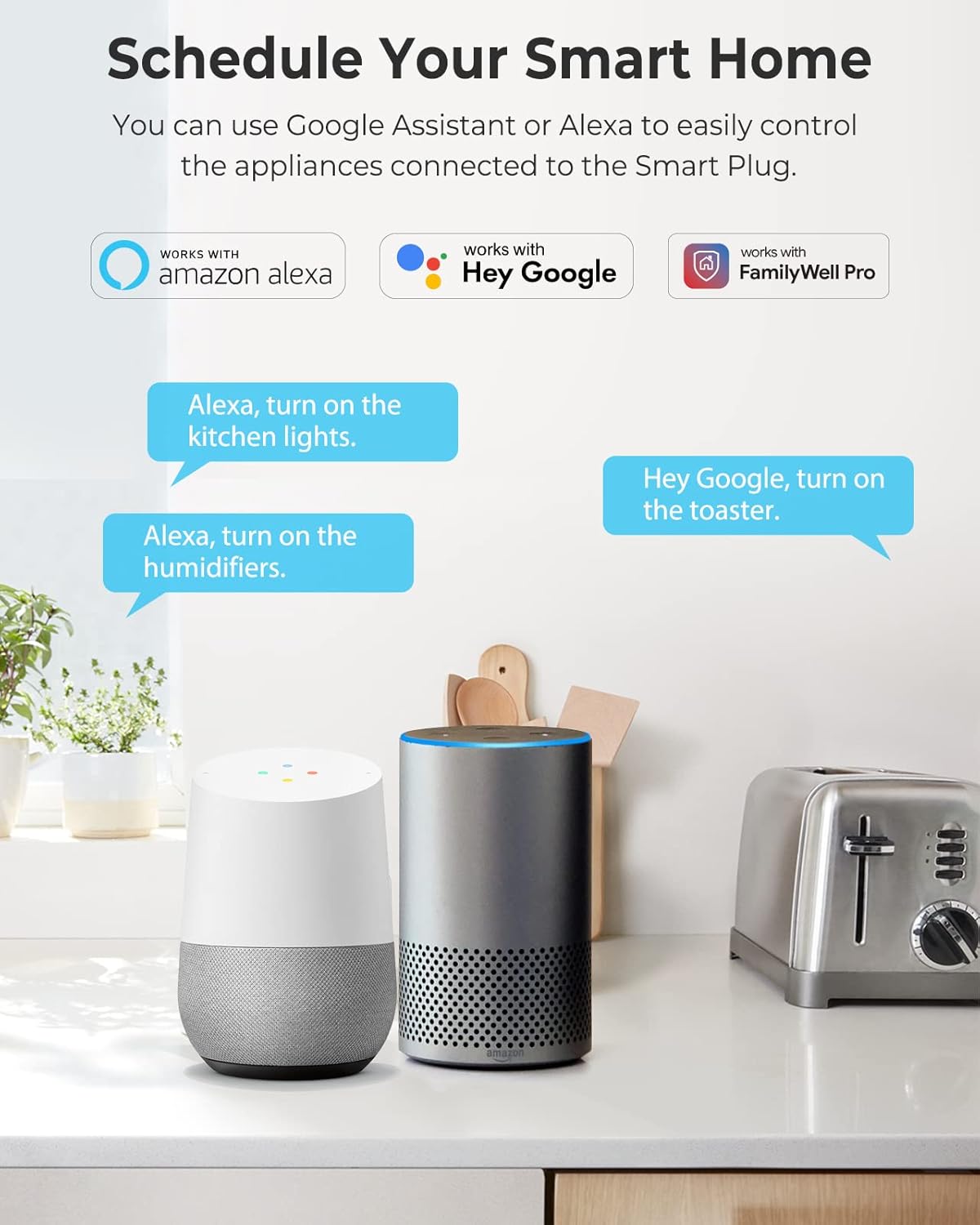 Ecoey Smart Plug - Smart Home Wi-Fi Outlet with Timing and Appointment Function, Smart Plugs with Alexa and Google Home for Voice Control, Familywell Pro/Tuya APP, ETL Listed, GW2001, 6 Packs Pack of 2