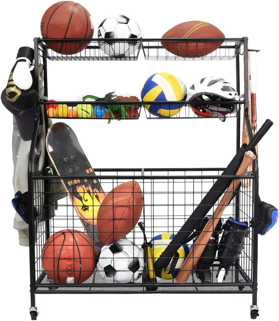 Kinghouse Garage Sports Equipment Organizer, Ball Storage Rack, Garage Ball Storage, Sports Gear Storage, Garage Organizer with Baskets and Hooks, Rolling Sports Ball Storage Cart, Black, Steel
