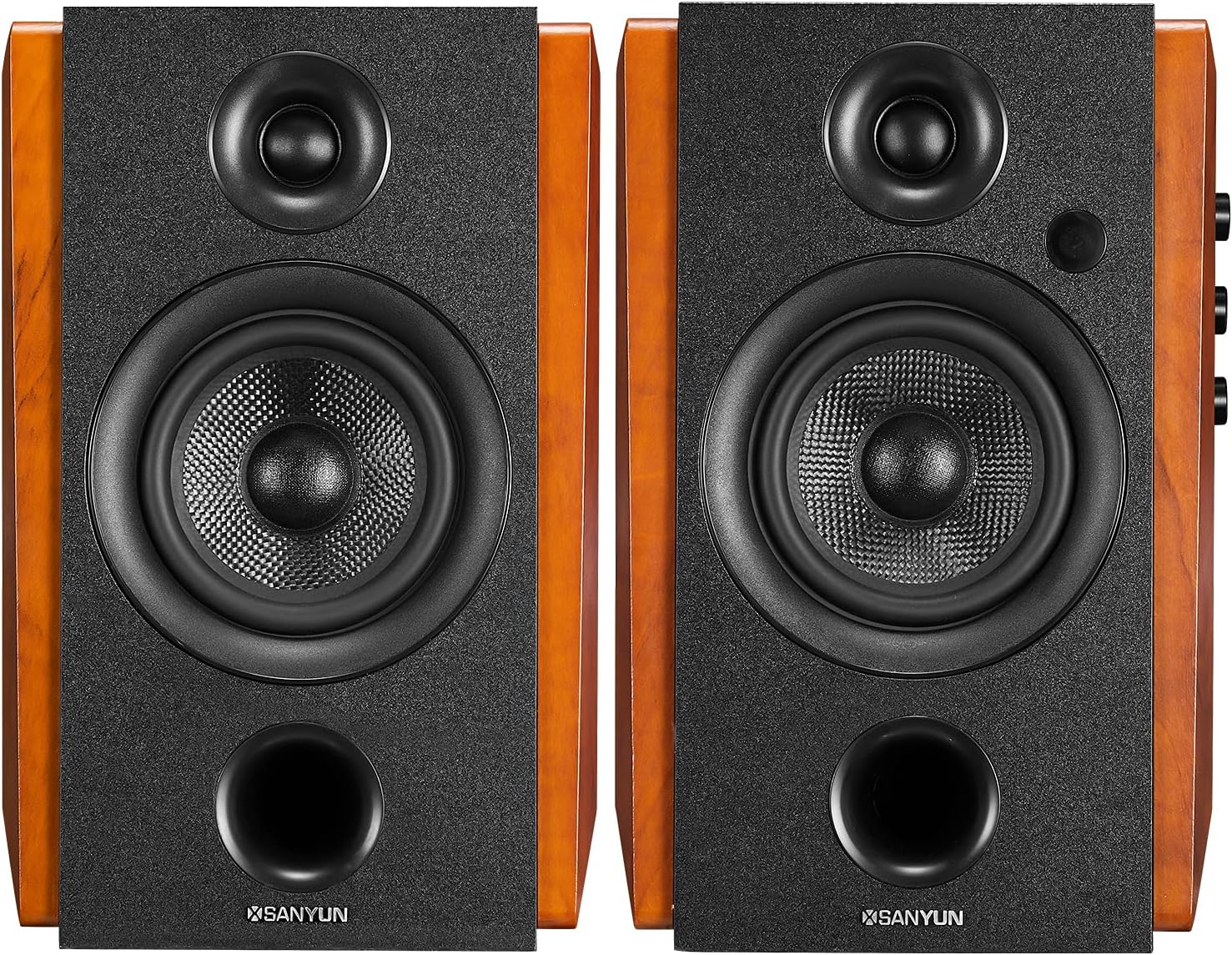 Sanyun SW228BT 80W Active Bluetooth 5.0 Bookshelf Speakers &ndash; 4Inch Carbon Fiber Speaker Unit - Wireless Studio Monitors - Optical RCA Coaxial Inputs - Built-in 24bit DAC - Wooden Enclosure (Upgraded)